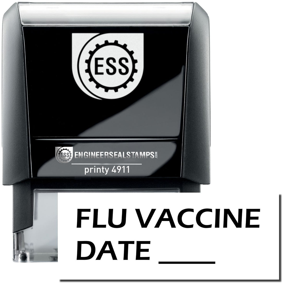 A self-inking stamp with a stamped image showing how the text &quot;FLU VACCINE DATE&quot; with a line is displayed after stamping.