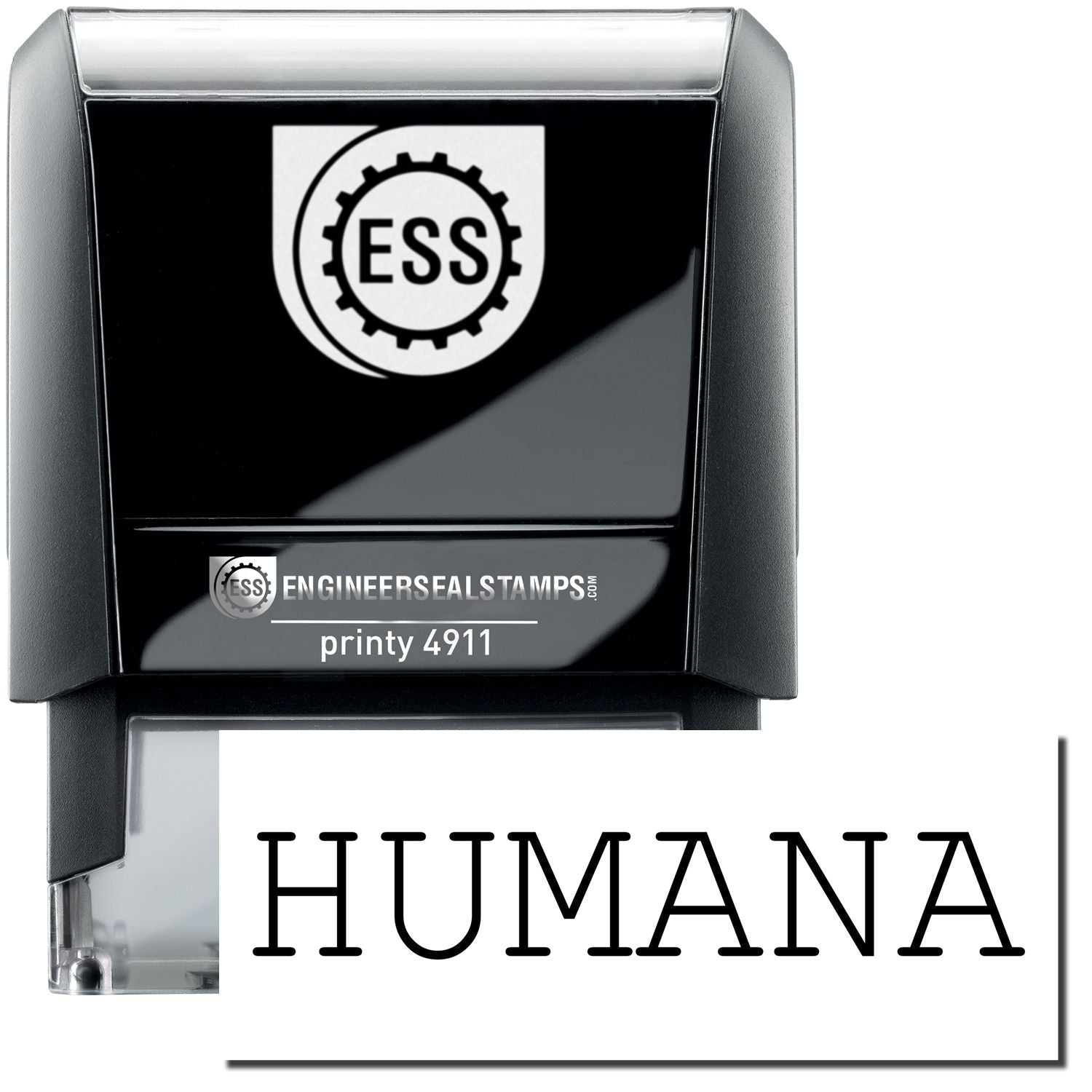 A self-inking stamp with a stamped image showing how the text HUMANA is displayed after stamping.