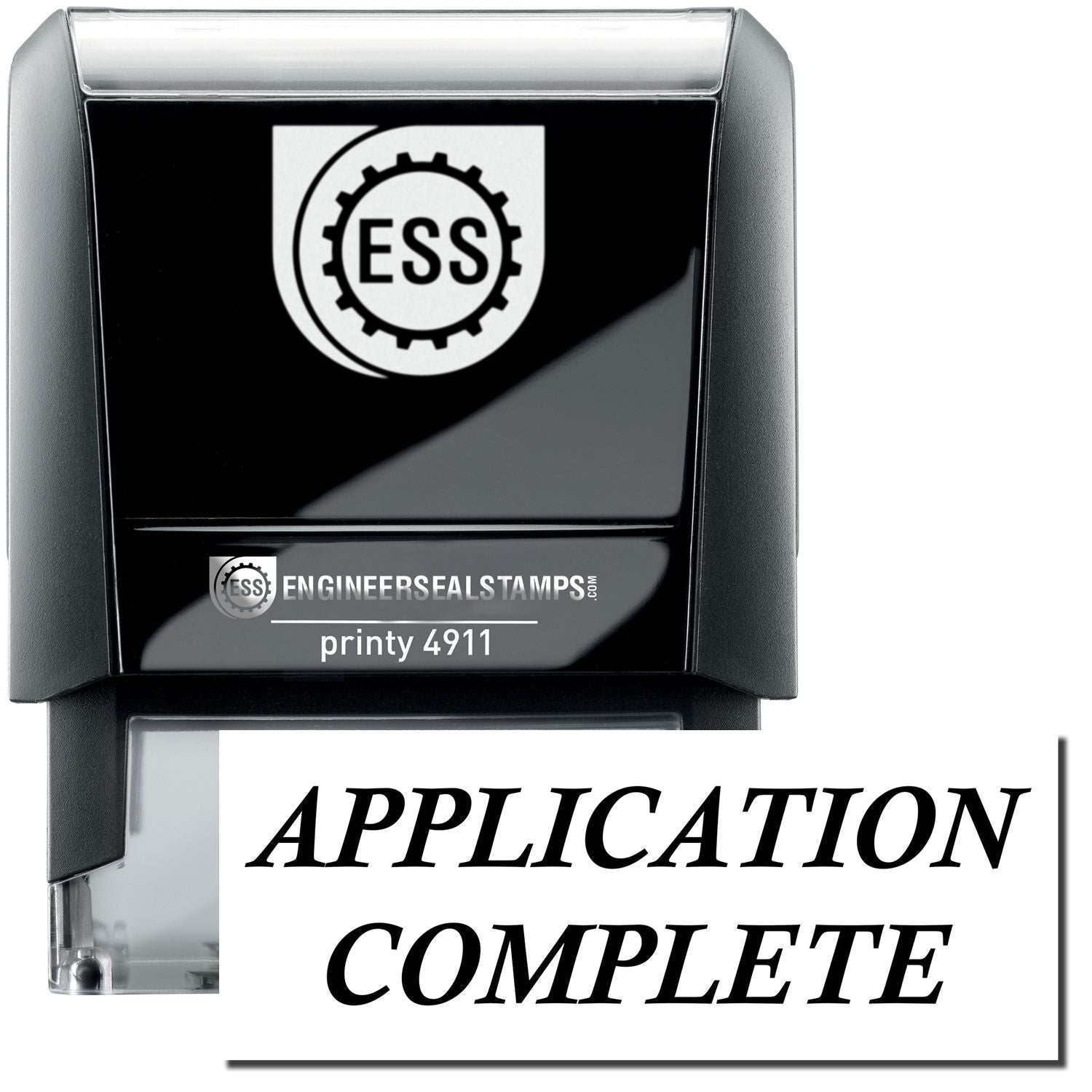 A self-inking stamp with a stamped image showing how the text APPLICATION COMPLETE is displayed after stamping.