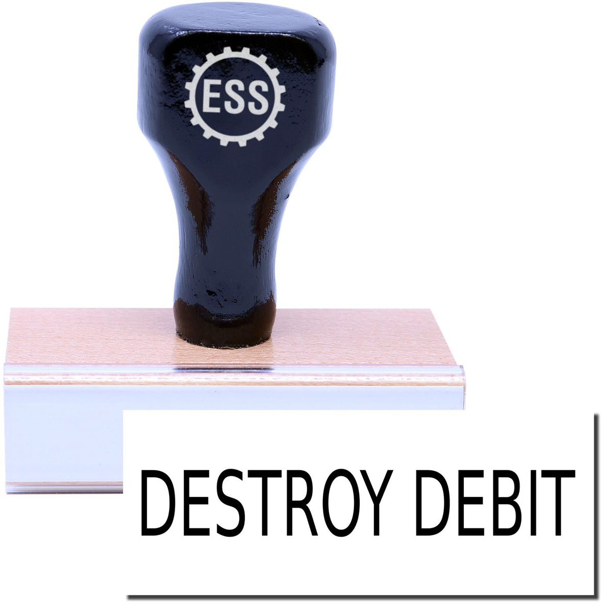 A stock office rubber stamp with a stamped image showing how the text &quot;DESTROY DEBIT&quot; is displayed after stamping.