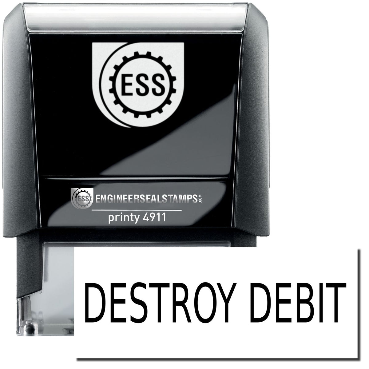A self-inking stamp with a stamped image showing how the text &quot;DESTROY DEBIT&quot; is displayed after stamping.