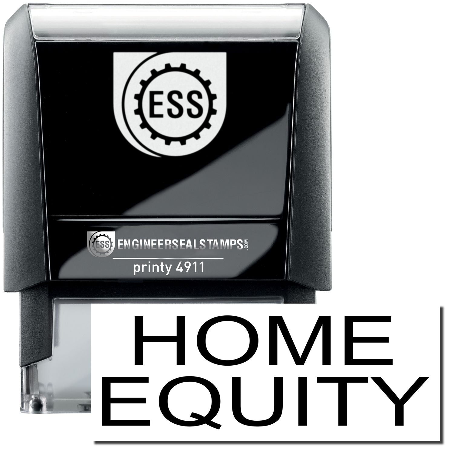 A self-inking stamp with a stamped image showing how the text HOME EQUITY is displayed after stamping.