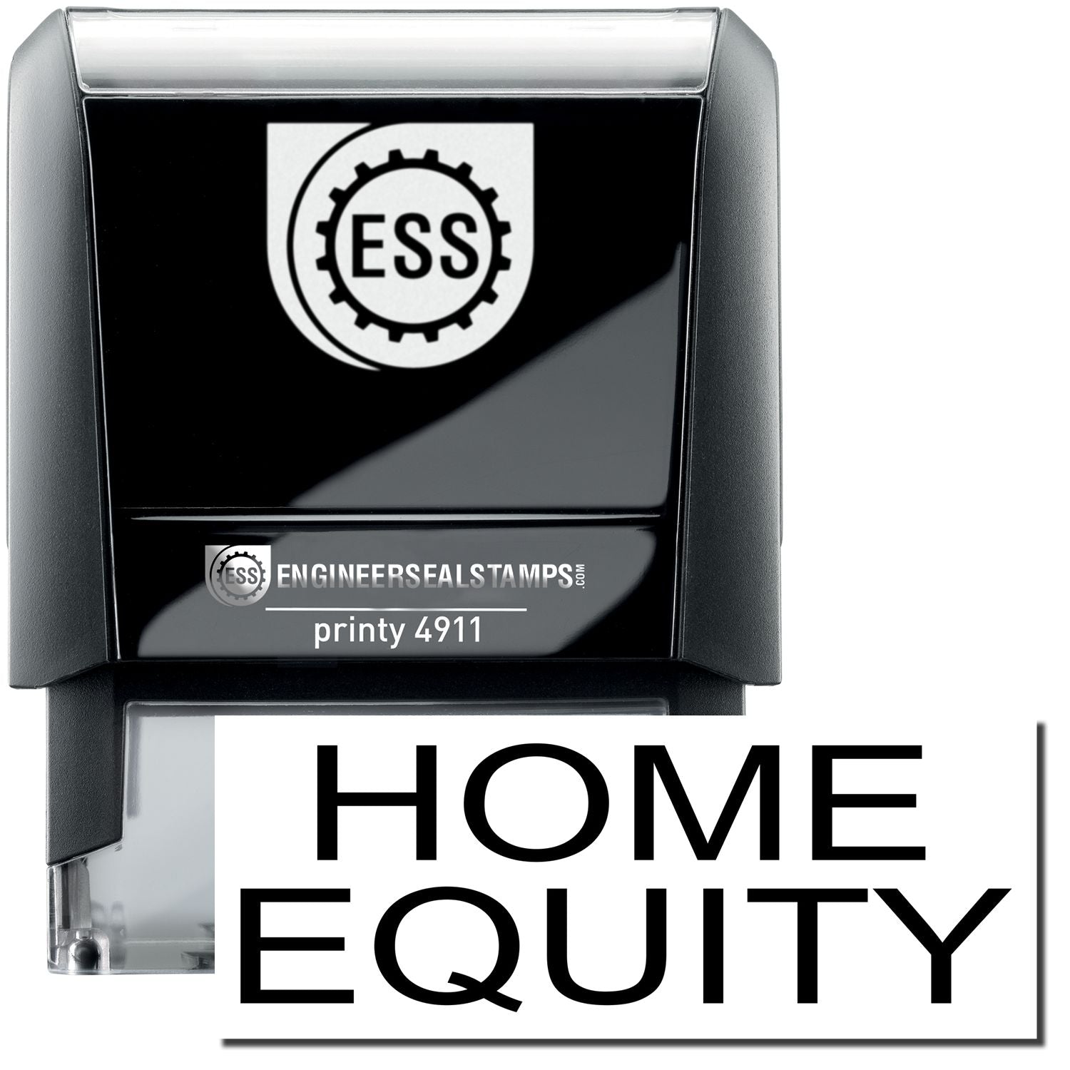 A self-inking stamp with a stamped image showing how the text "HOME EQUITY" is displayed after stamping.
