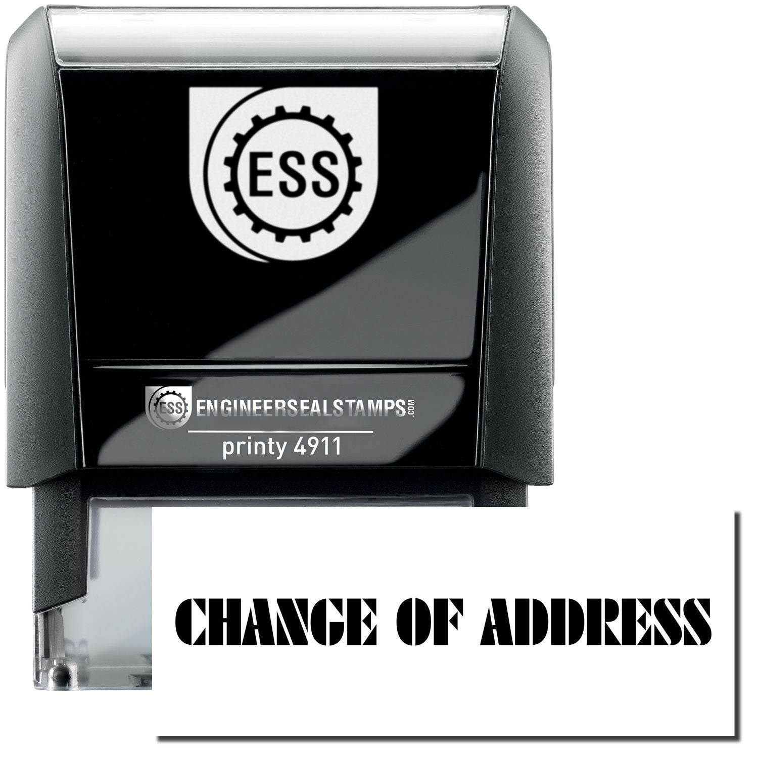 A self-inking stamp with a stamped image showing how the text CHANGE OF ADDRESS is displayed after stamping.