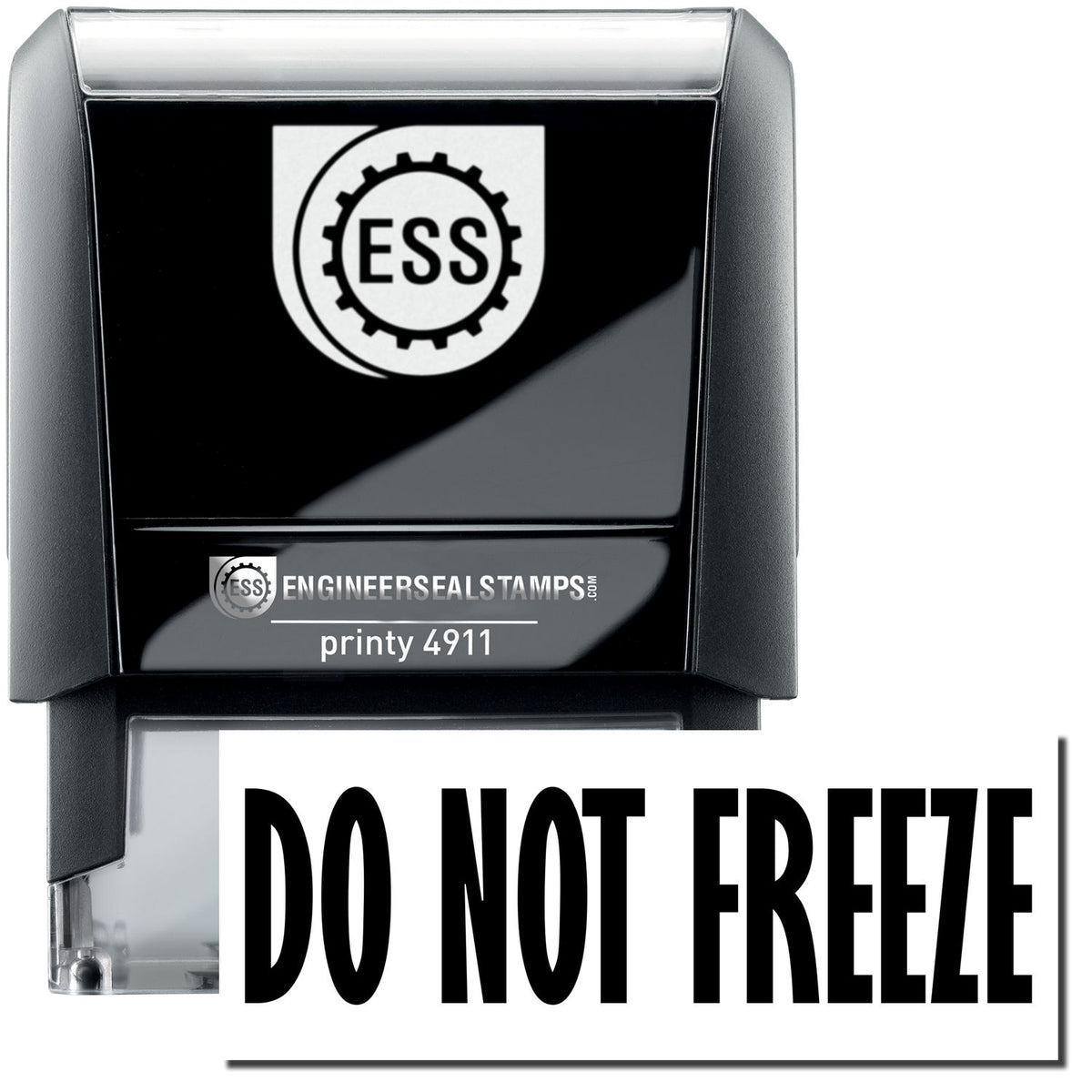 A self-inking stamp with a stamped image showing how the text &quot;DO NOT FREEZE&quot; is displayed after stamping.