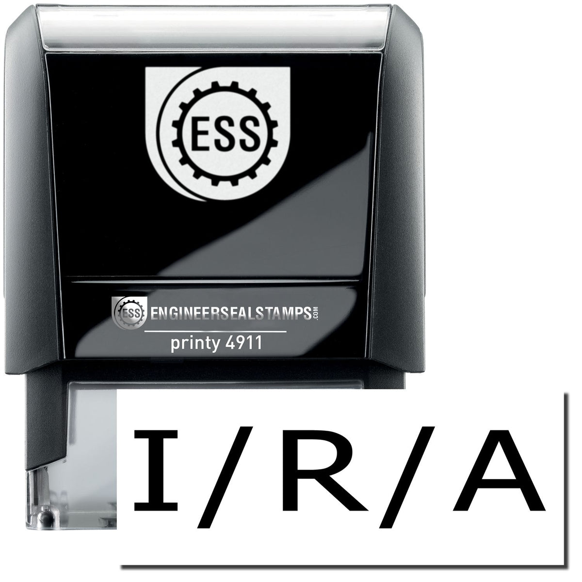 A self-inking stamp with a stamped image showing how the text &quot;I / R / A&quot; is displayed after stamping.