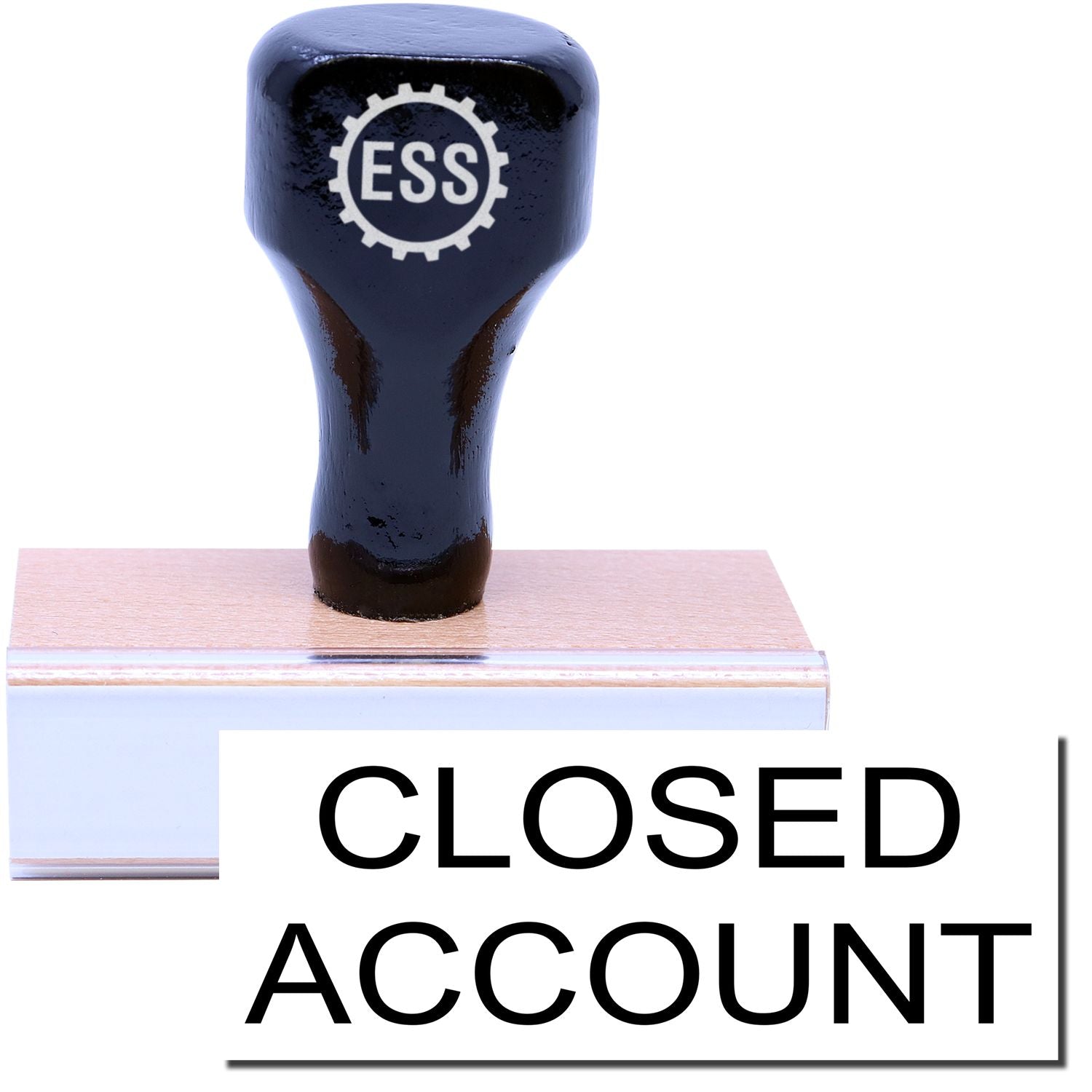 A stock office rubber stamp with a stamped image showing how the text "CLOSED ACCOUNT" is displayed after stamping.