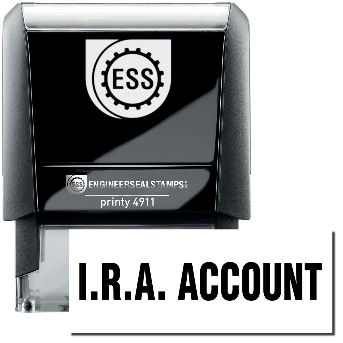 A self-inking stamp with a stamped image showing how the text &quot;I.R.A. ACCOUNT&quot; is displayed after stamping.