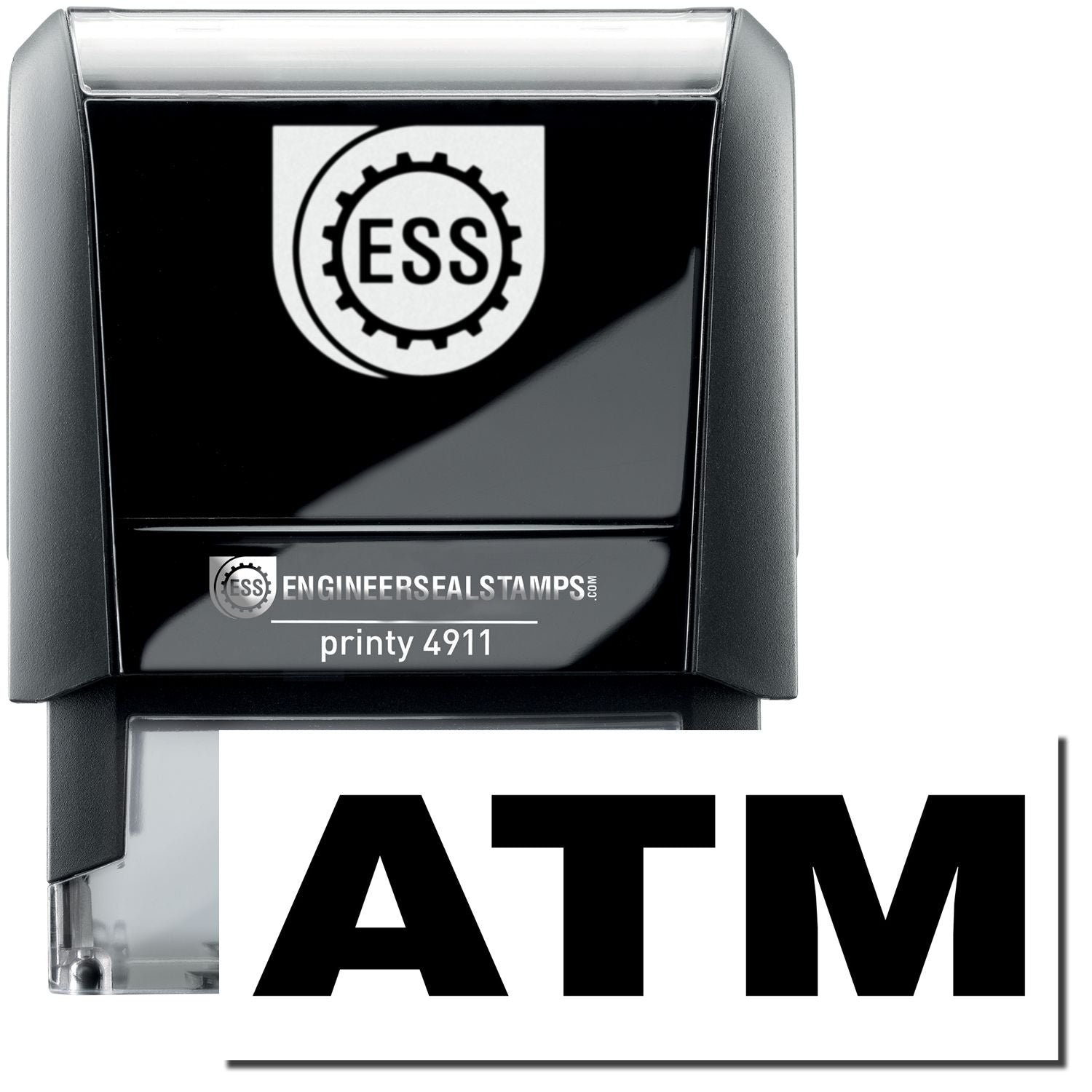 A self-inking stamp with a stamped image showing how the text ATM is displayed after stamping.