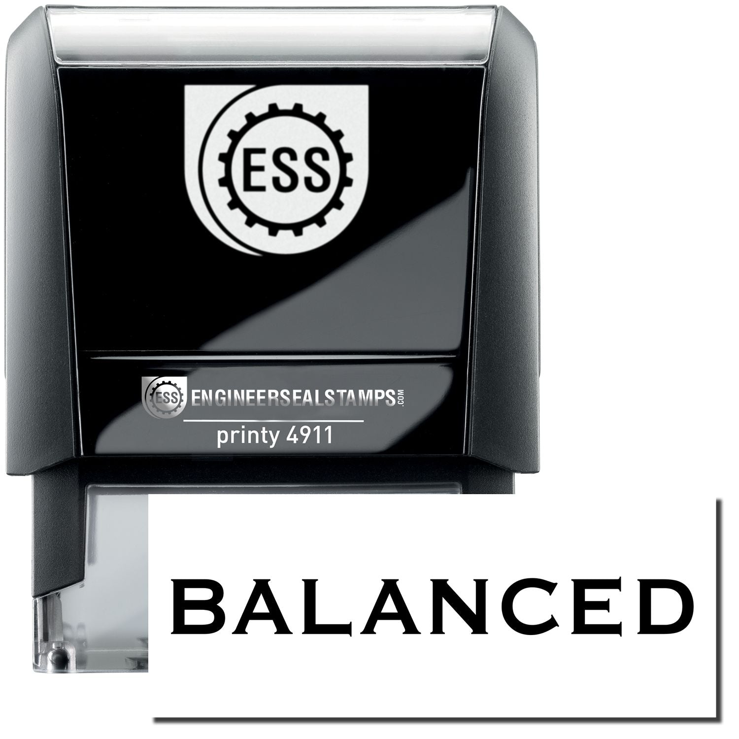 A self-inking stamp with a stamped image showing how the text BALANCED is displayed after stamping.