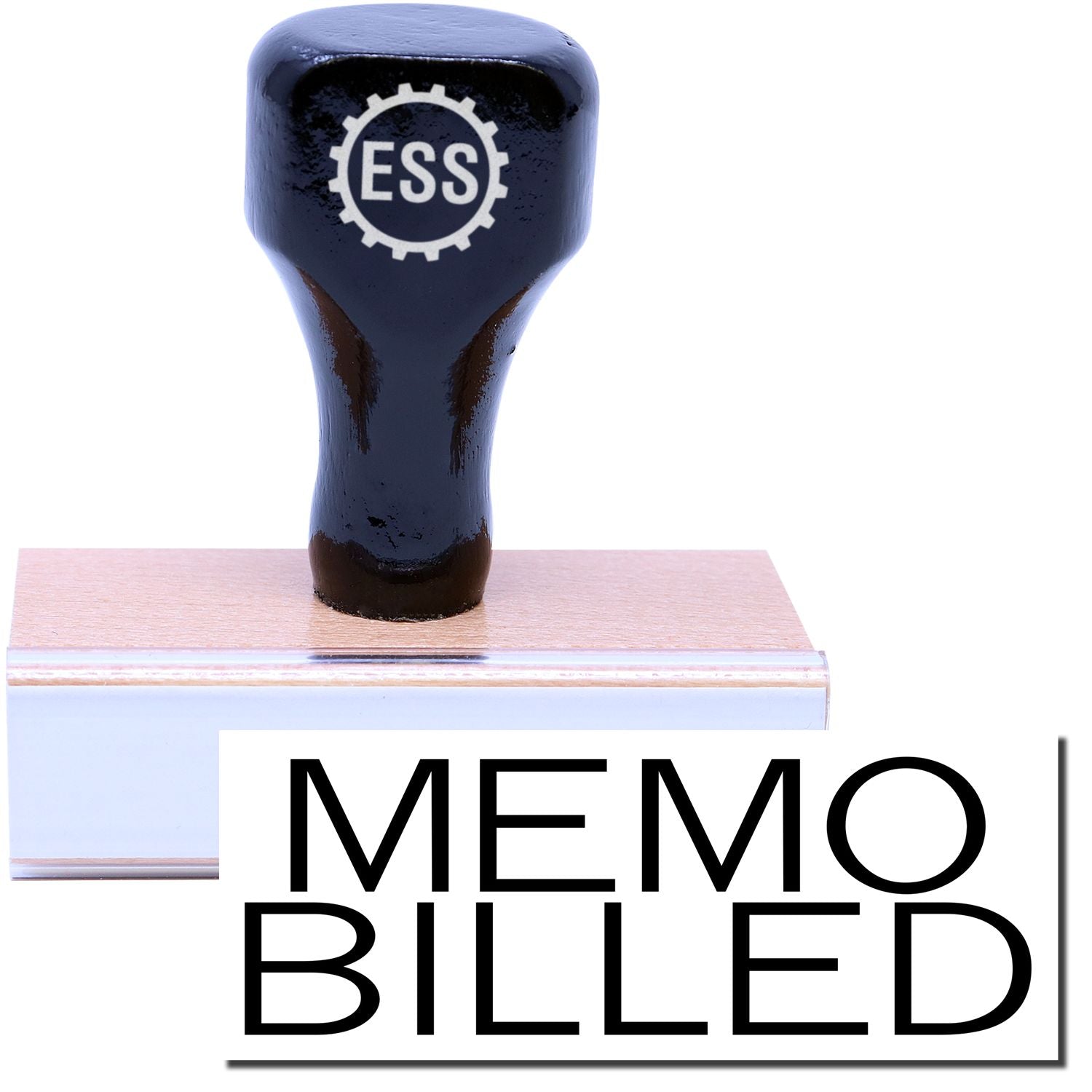 A stock office rubber stamp with a stamped image showing how the text "MEMO BILLED" is displayed after stamping.