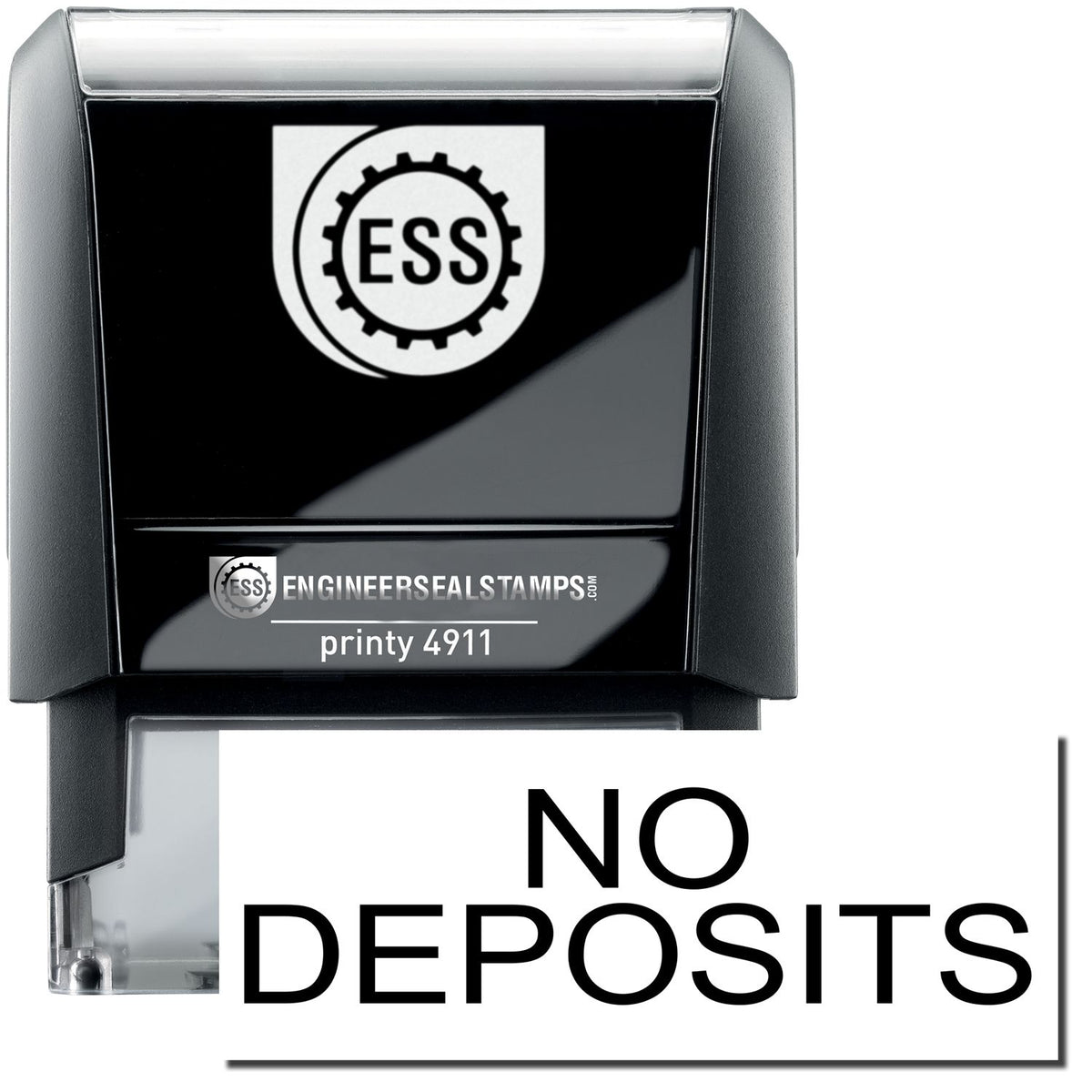 A self-inking stamp with a stamped image showing how the text &quot;NO DEPOSITS&quot; is displayed after stamping.
