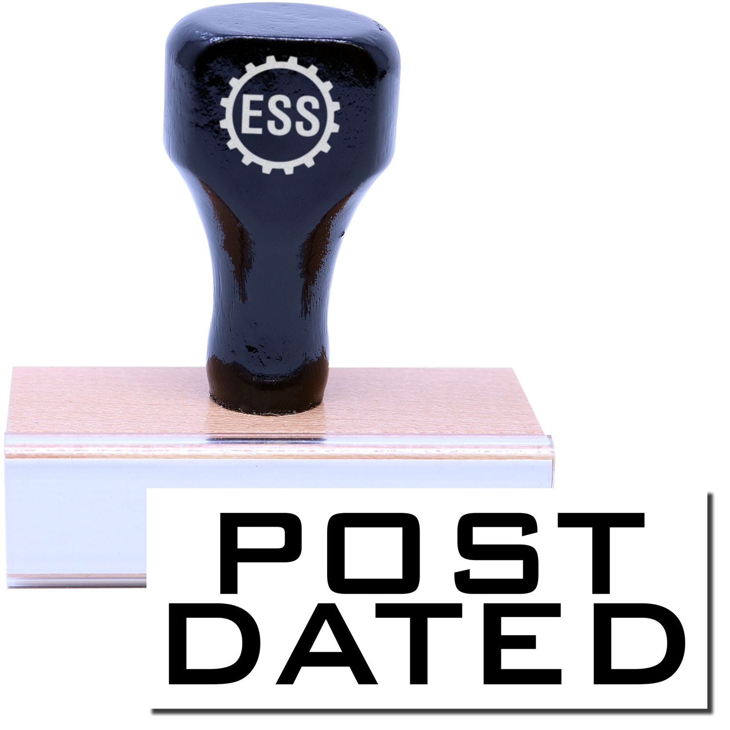 A stock office rubber stamp with a stamped image showing how the text POST DATED is displayed after stamping.