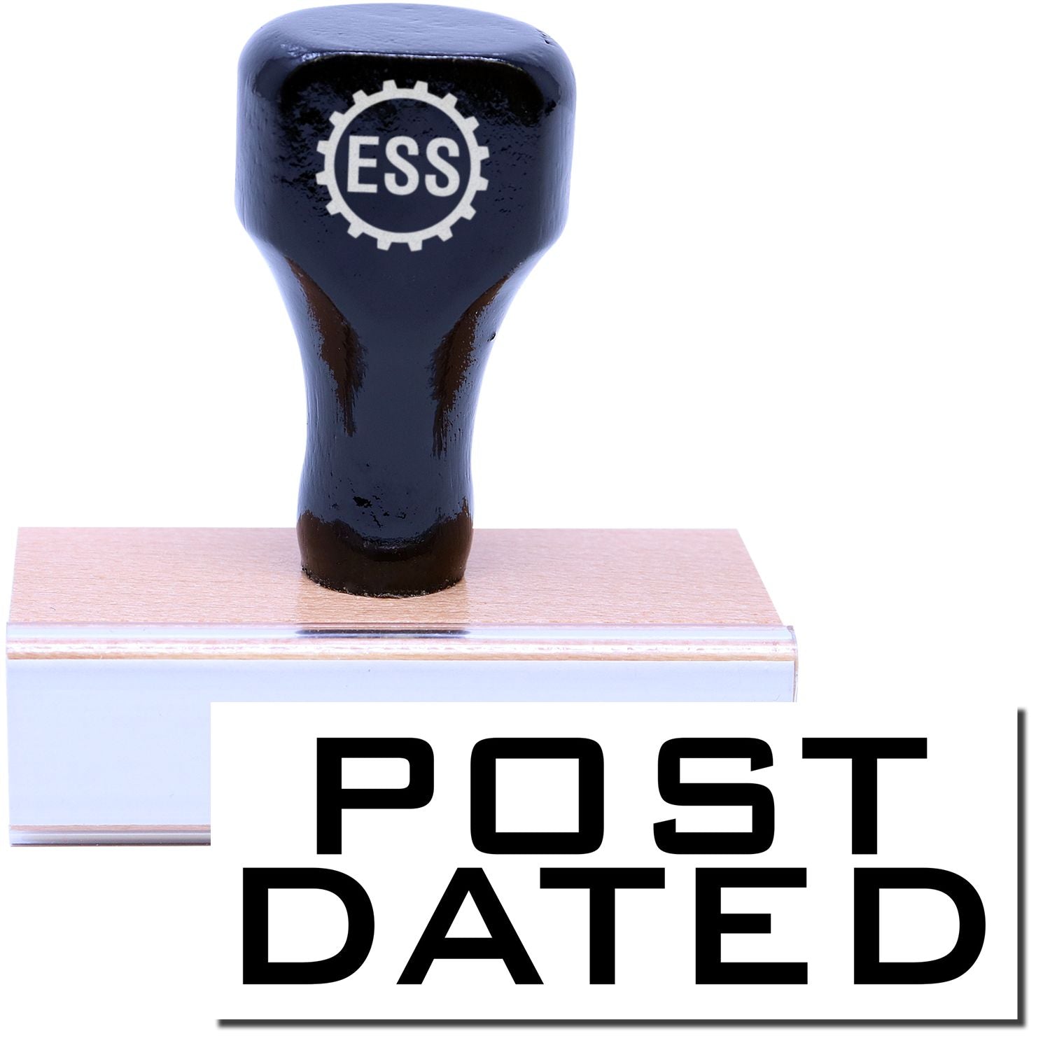 A stock office rubber stamp with a stamped image showing how the text "POST DATED" is displayed after stamping.