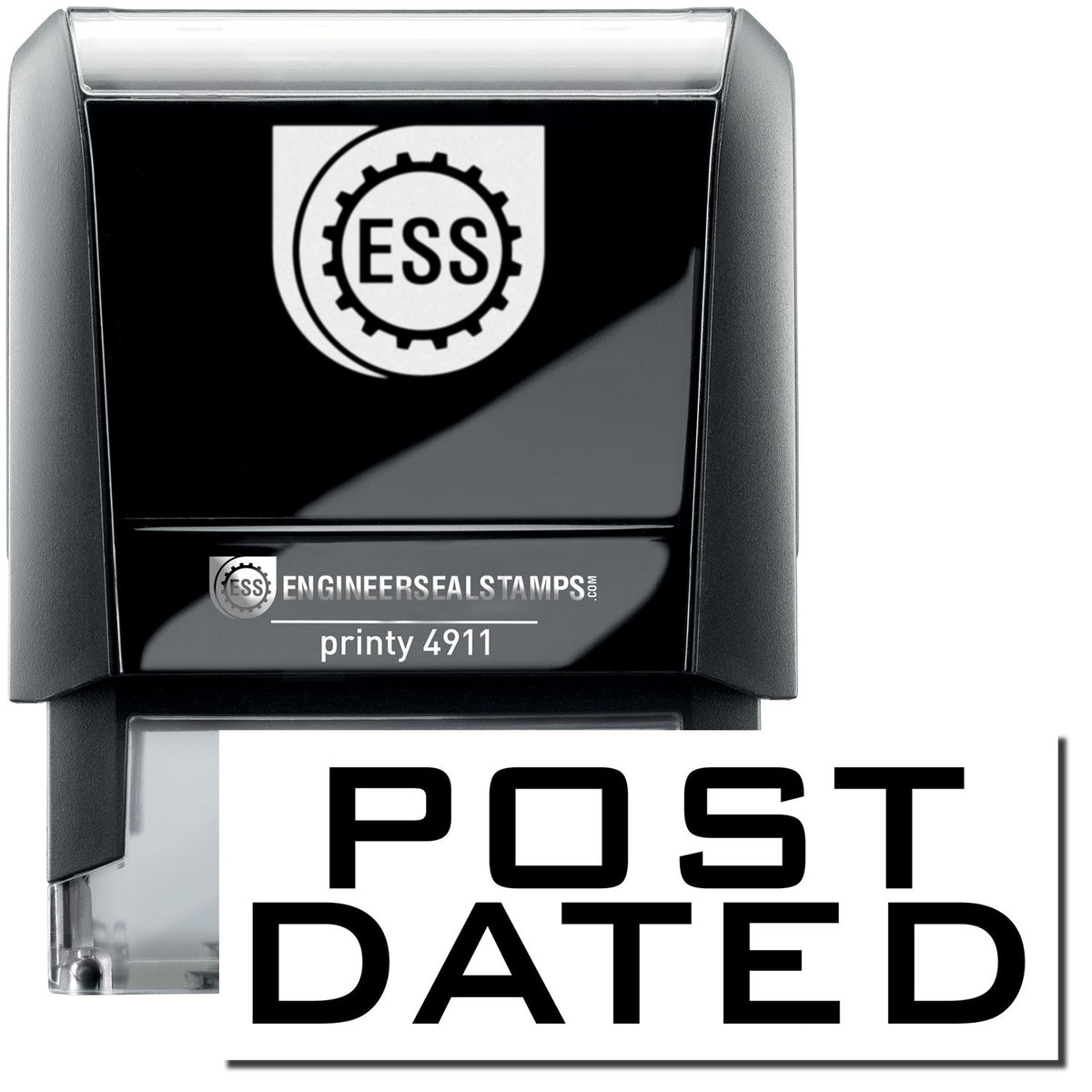 A self-inking stamp with a stamped image showing how the text &quot;POST DATED&quot; is displayed after stamping.