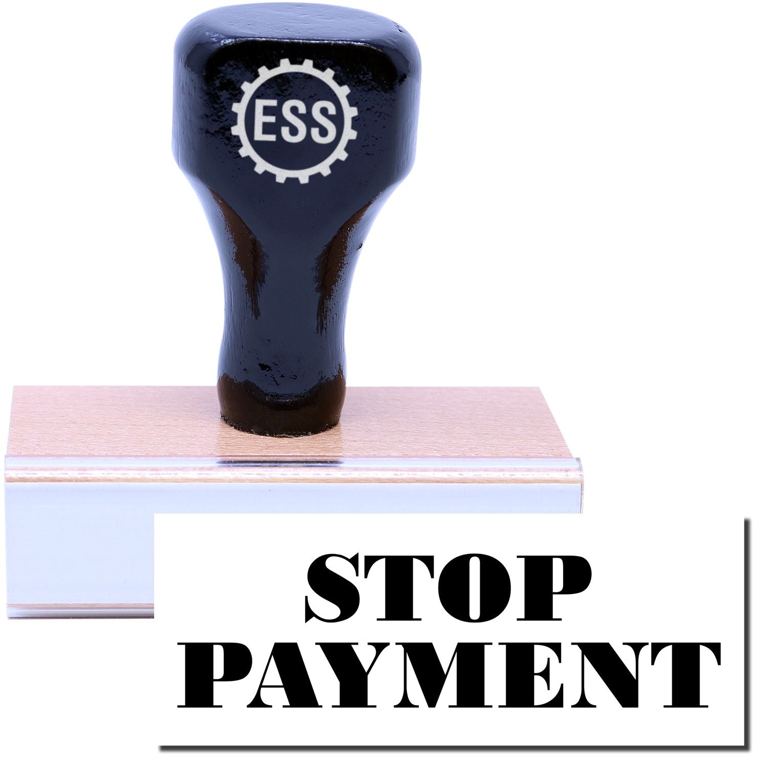 A stock office rubber stamp with a stamped image showing how the text STOP PAYMENT is displayed after stamping.