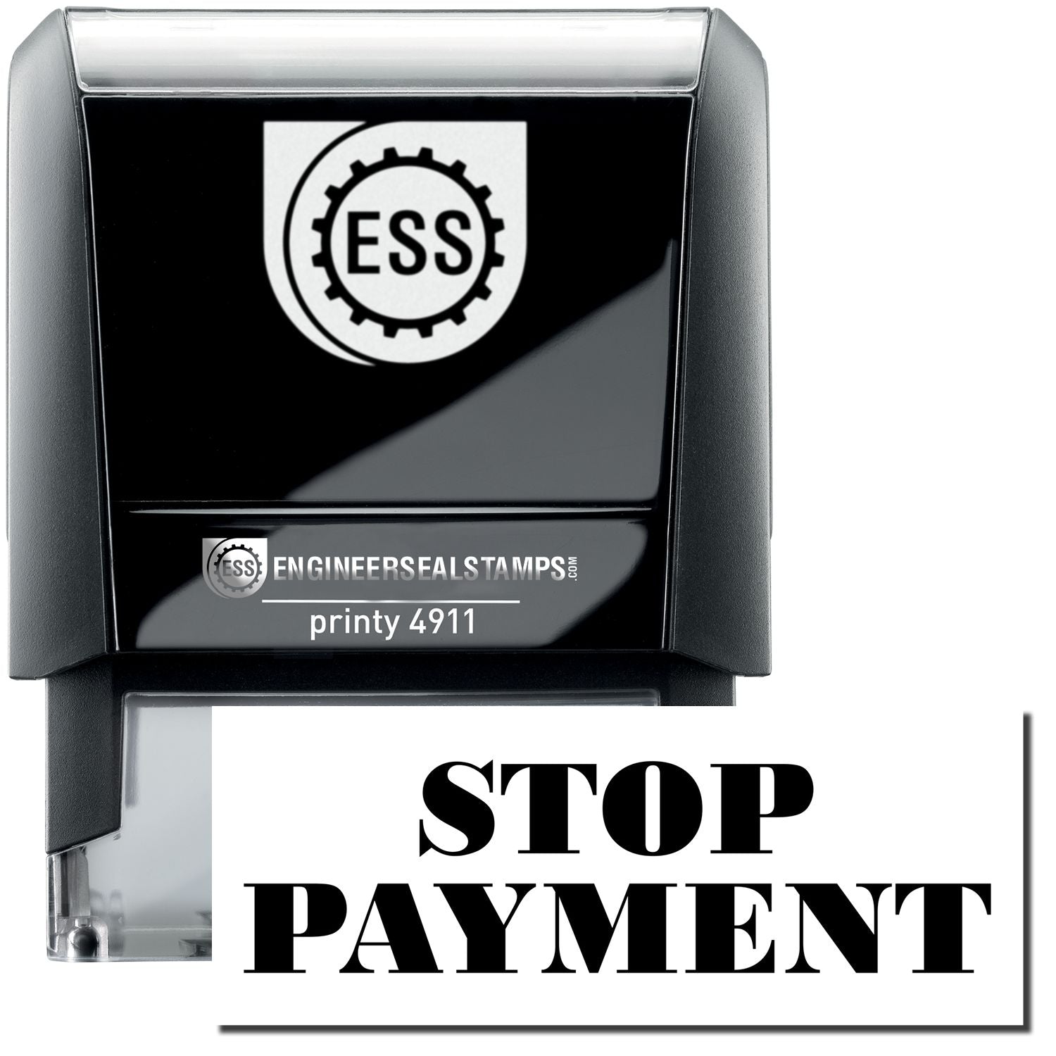 A self-inking stamp with a stamped image showing how the text STOP PAYMENT is displayed after stamping.