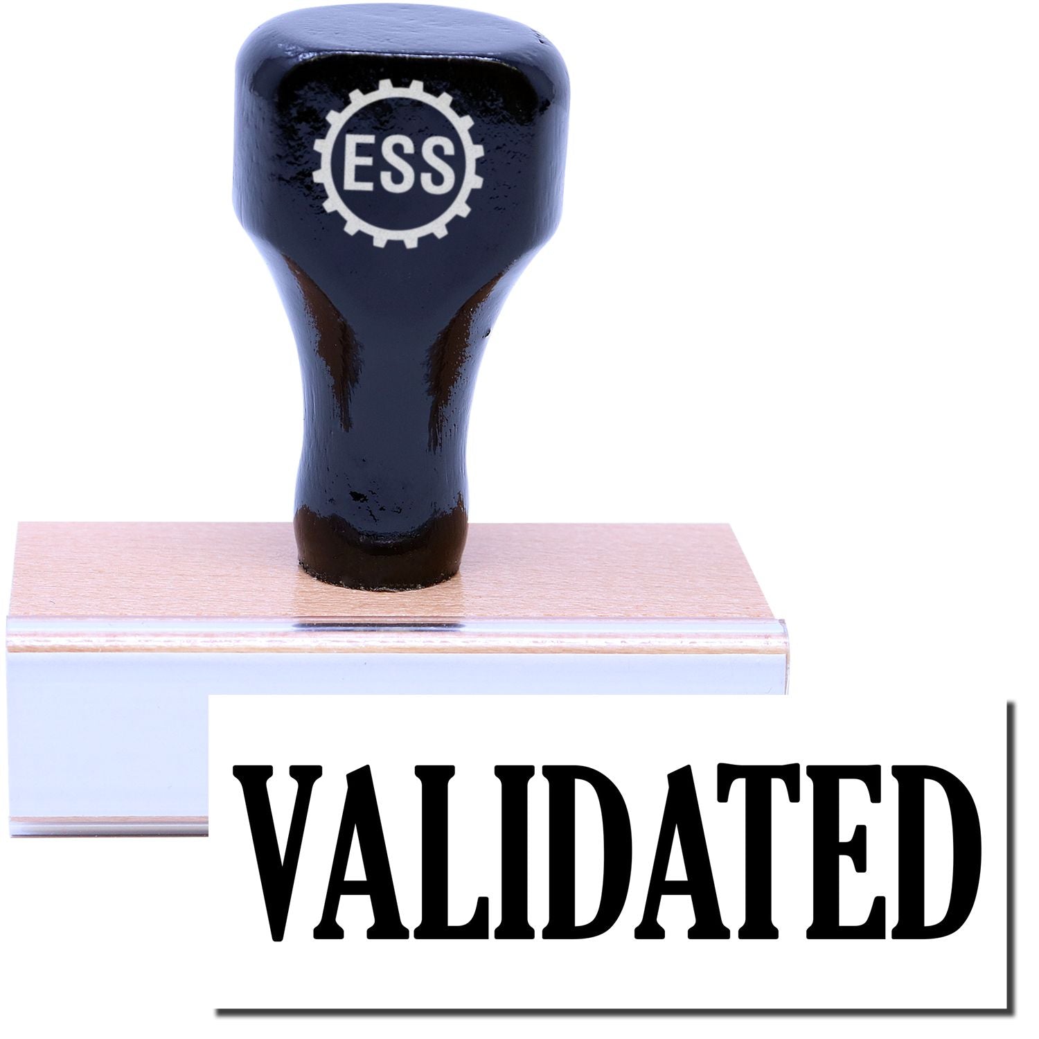 A stock office rubber stamp with a stamped image showing how the text "VALIDATED" is displayed after stamping.