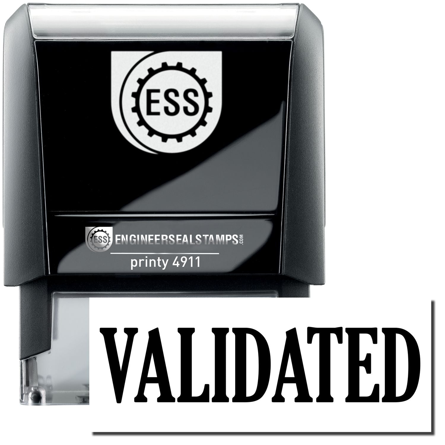 A self-inking stamp with a stamped image showing how the text VALIDATED is displayed after stamping.