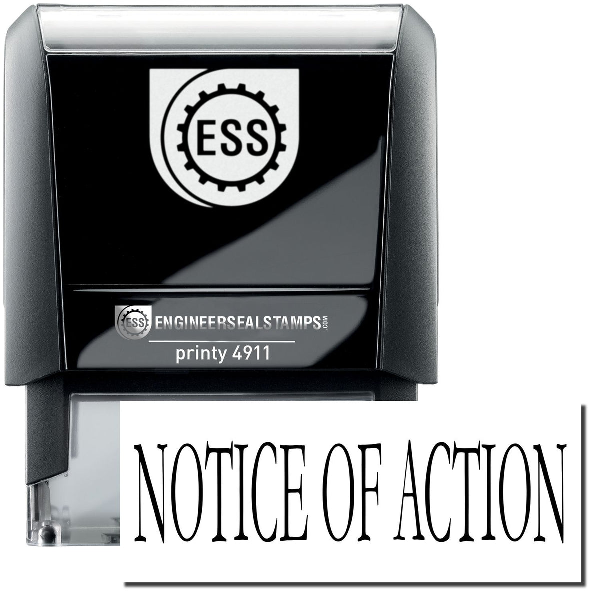 A self-inking stamp with a stamped image showing how the text &quot;NOTICE OF ACTION&quot; is displayed after stamping.