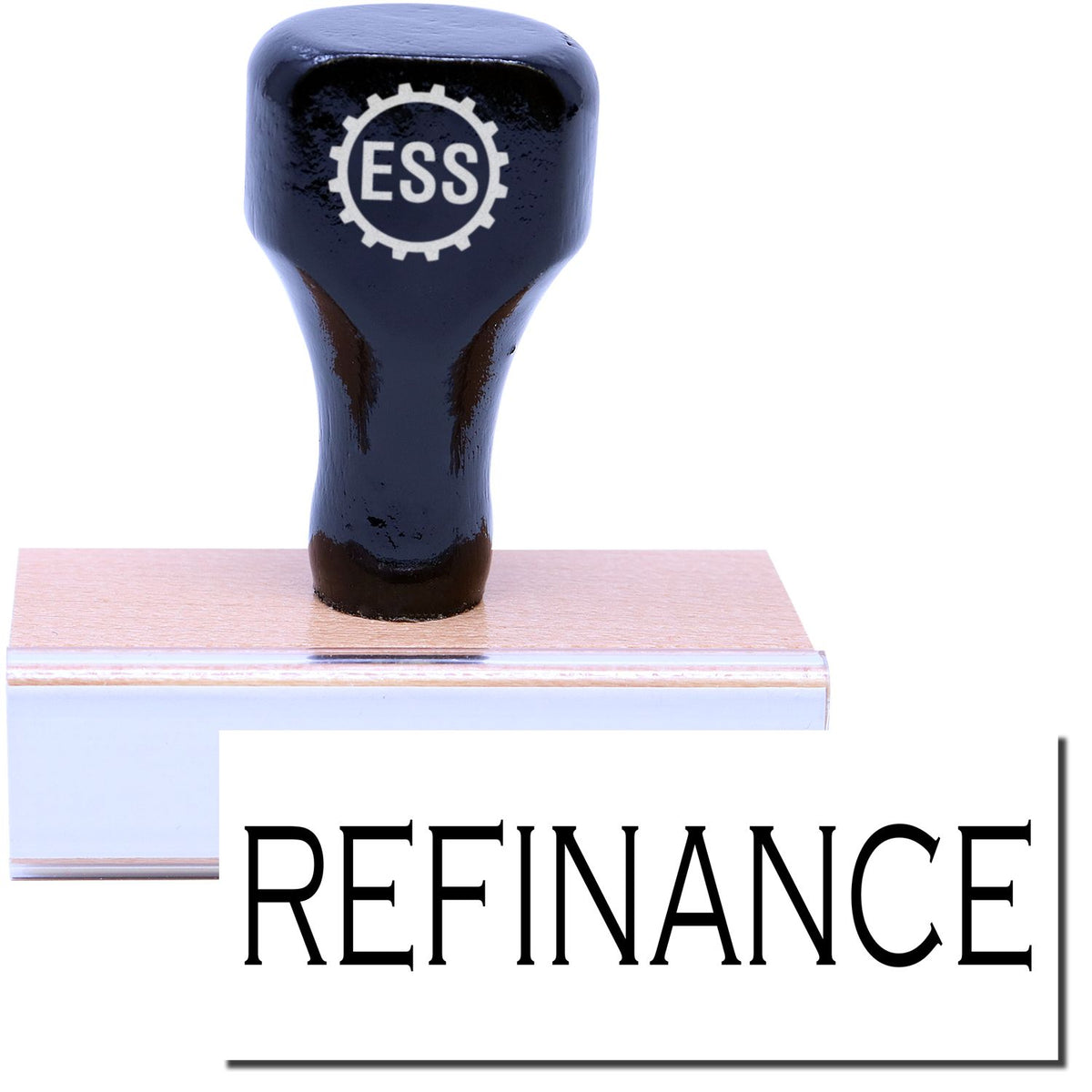 A stock office rubber stamp with a stamped image showing how the text &quot;REFINANCE&quot; is displayed after stamping.