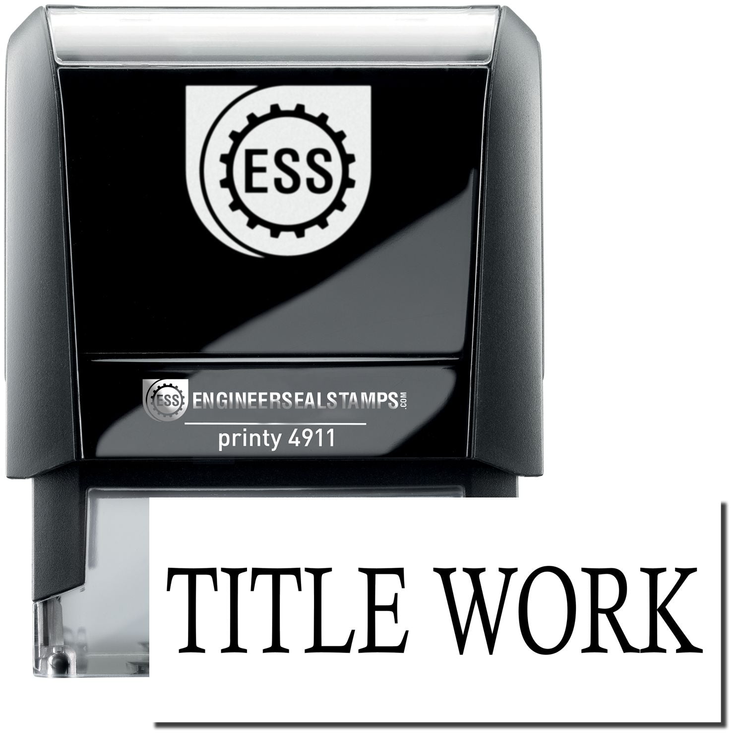 A self-inking stamp with a stamped image showing how the text "TITLE WORK" is displayed after stamping.