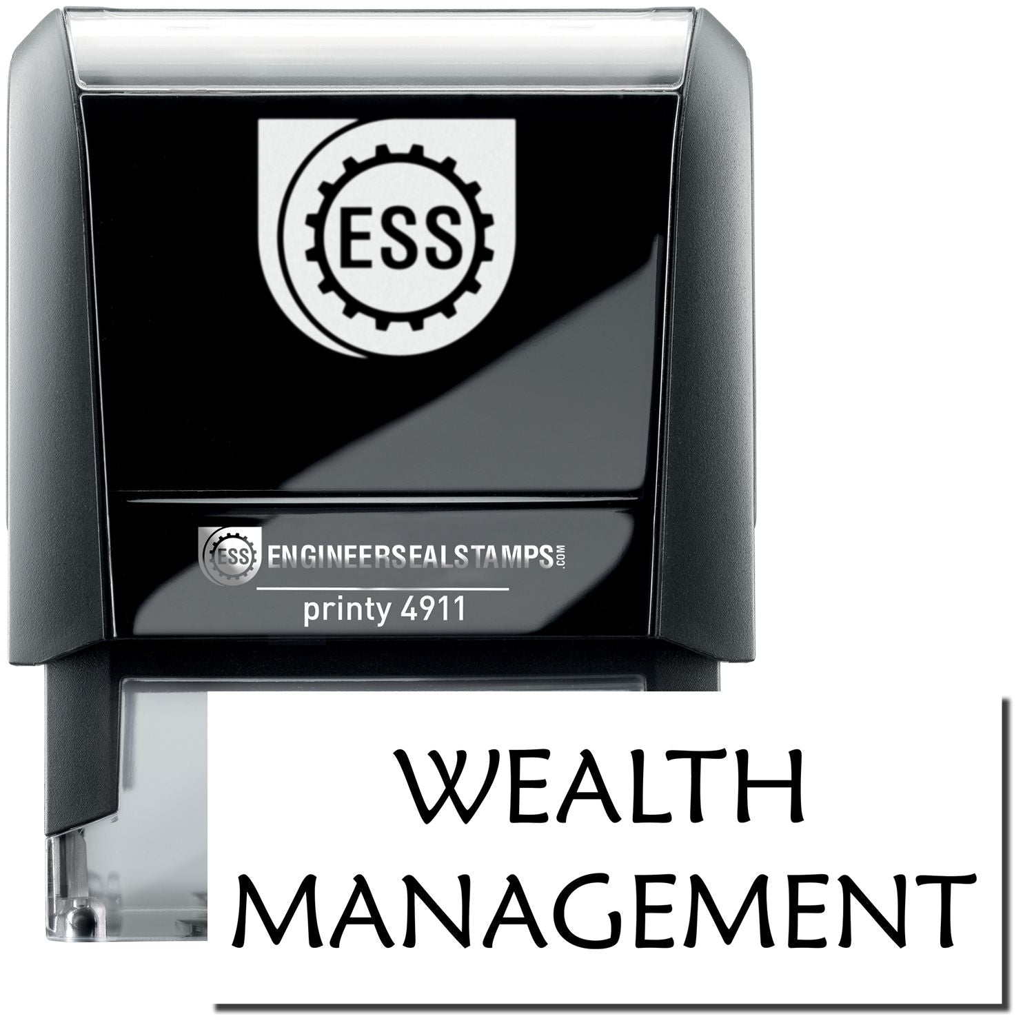 A self-inking stamp with a stamped image showing how the text "WEALTH MANAGEMENT" is displayed after stamping.