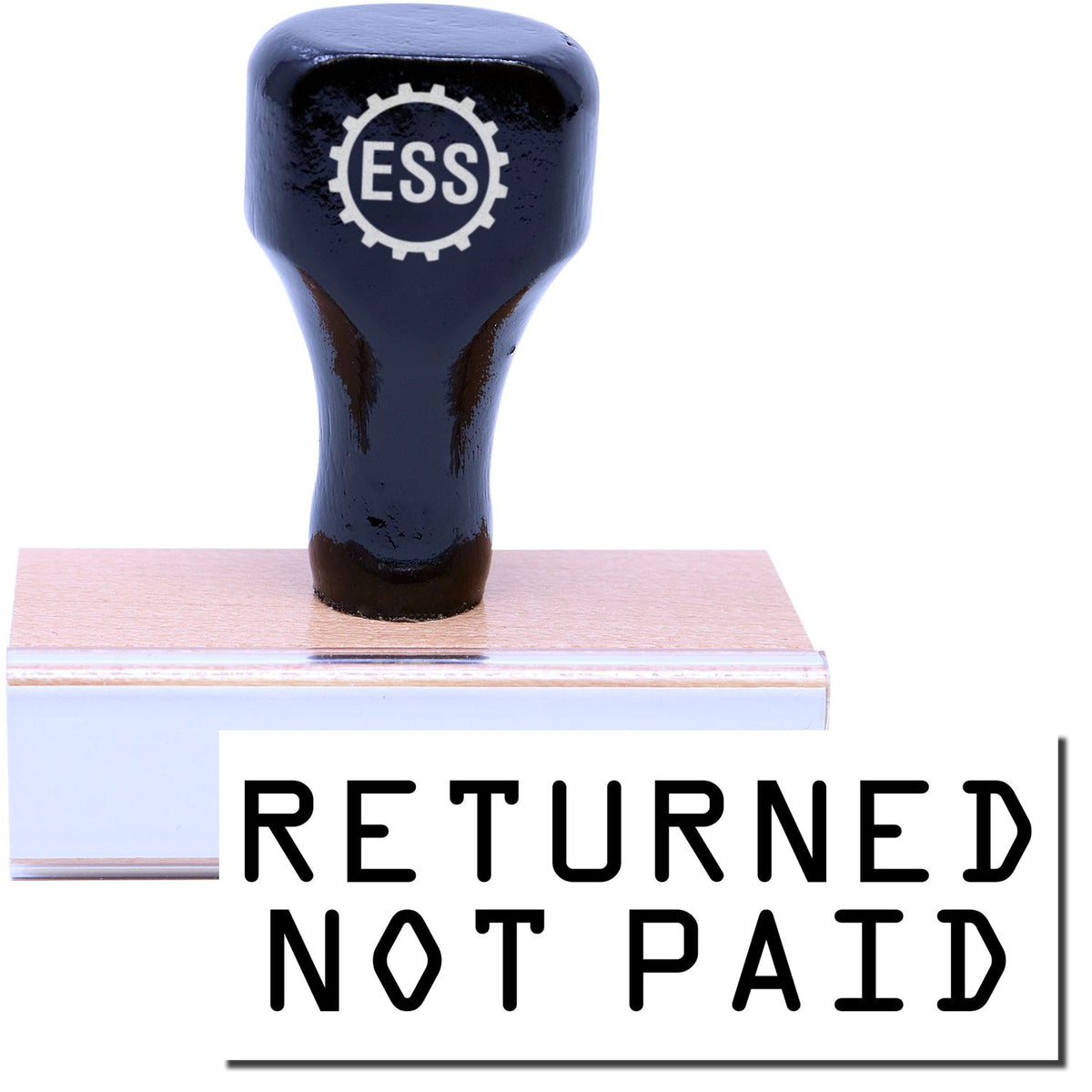 A stock office rubber stamp with a stamped image showing how the text &quot;RETURNED NOT PAID&quot; is displayed after stamping.