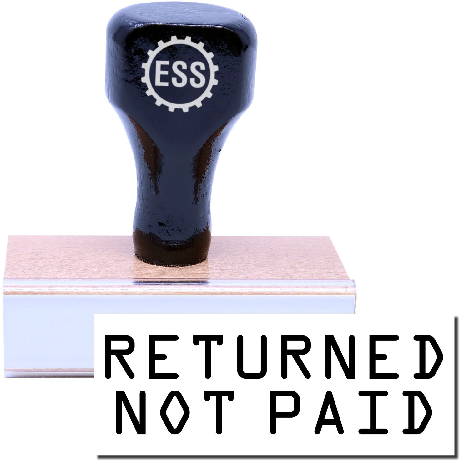 A stock office rubber stamp with a stamped image showing how the text "RETURNED NOT PAID" is displayed after stamping.
