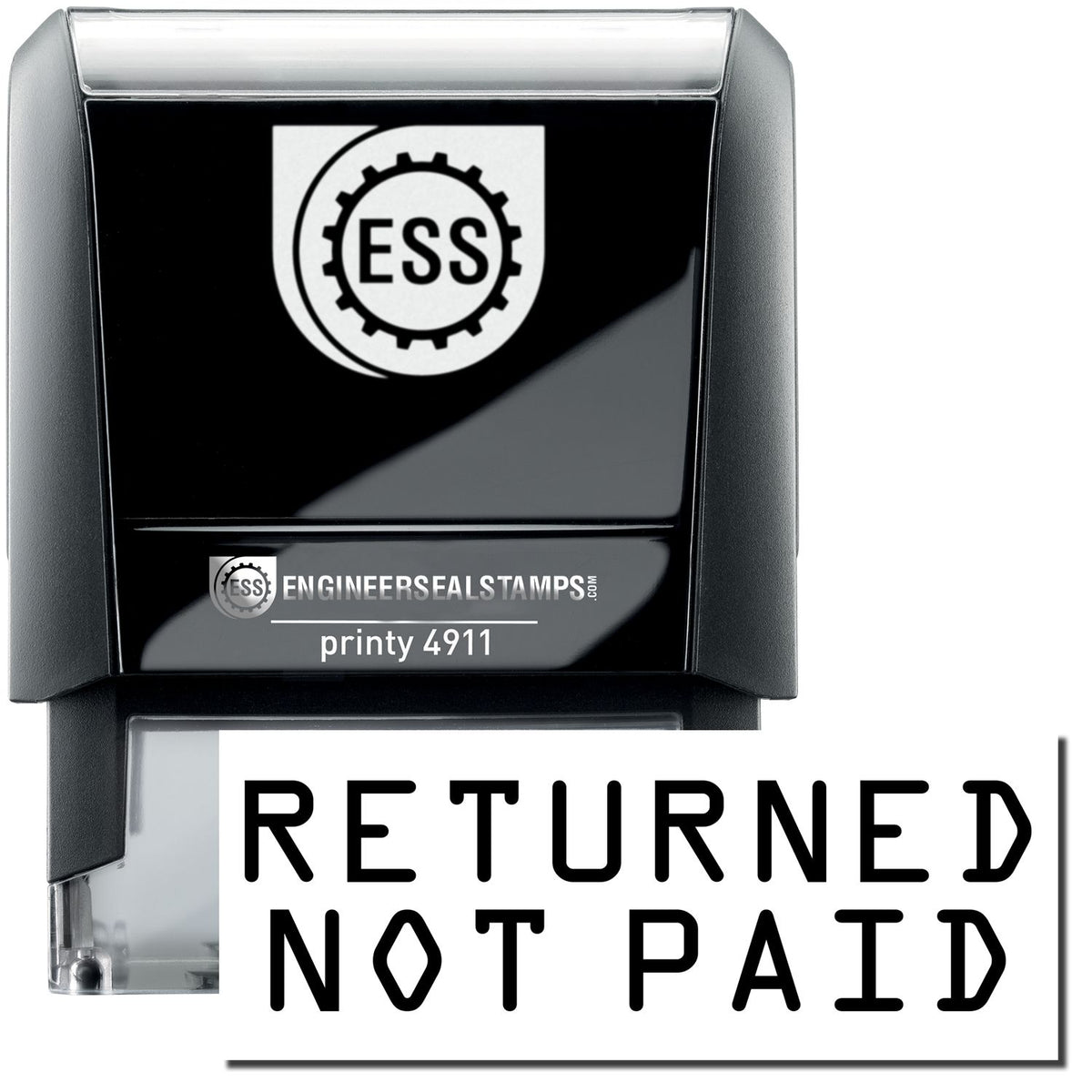 A self-inking stamp with a stamped image showing how the text &quot;RETURNED NOT PAID&quot; is displayed after stamping.