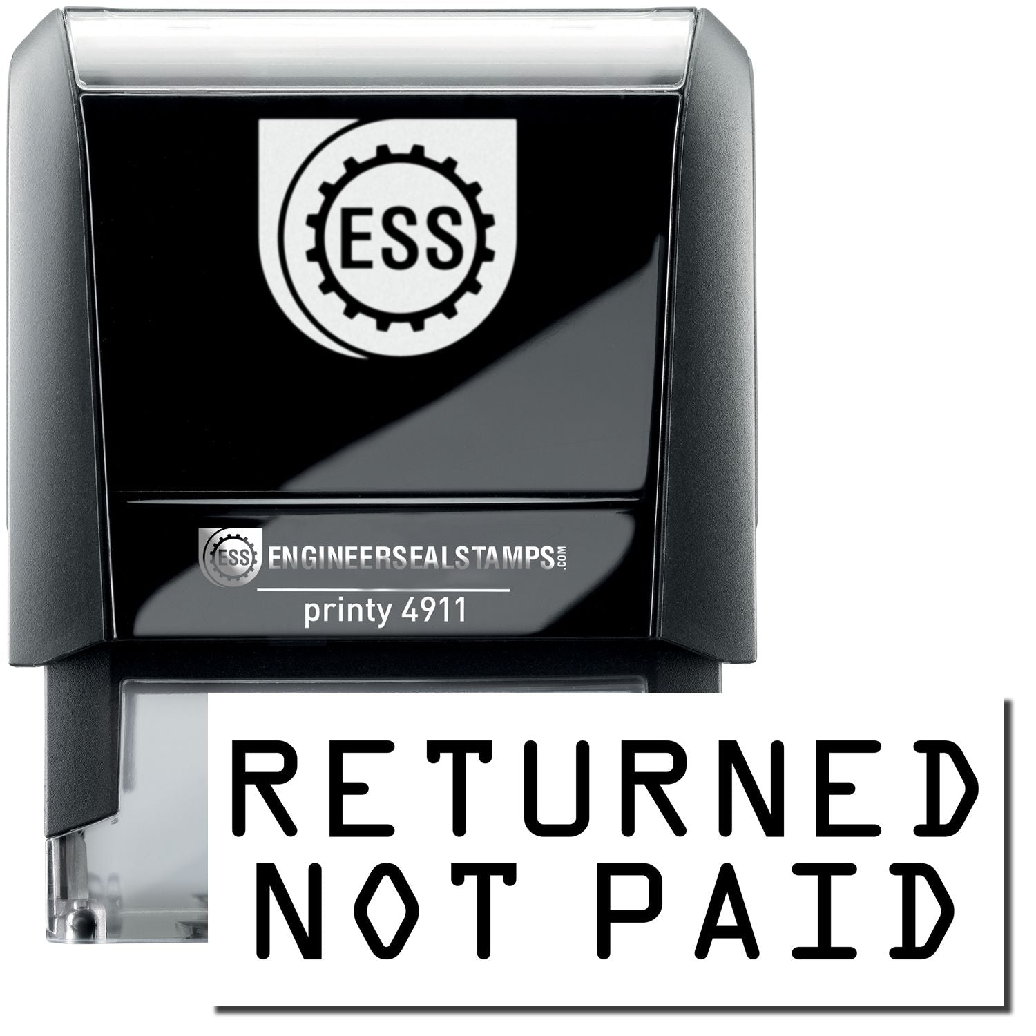 A self-inking stamp with a stamped image showing how the text "RETURNED NOT PAID" is displayed after stamping.