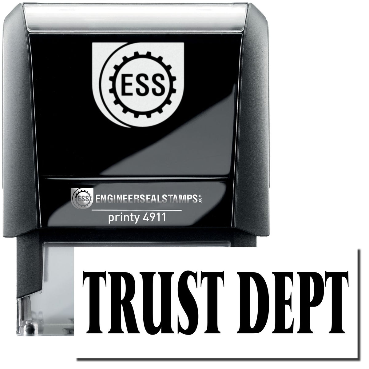 A self-inking stamp with a stamped image showing how the text &quot;TRUST DEPT&quot; is displayed after stamping.