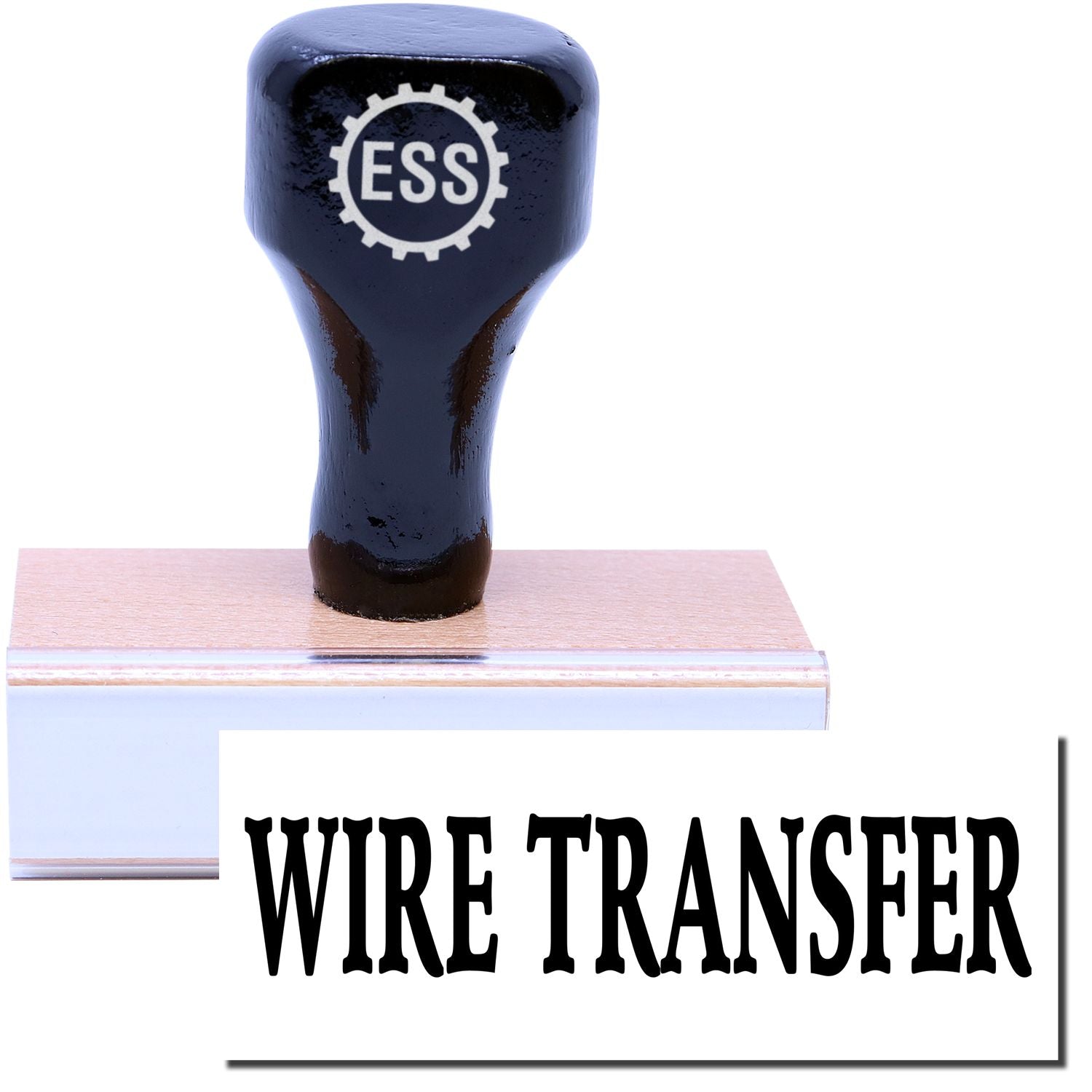 A stock office rubber stamp with a stamped image showing how the text WIRE TRANSFER is displayed after stamping.