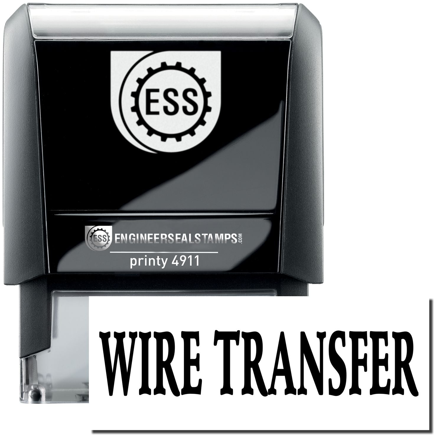 A self-inking stamp with a stamped image showing how the text WIRE TRANSFER is displayed after stamping.