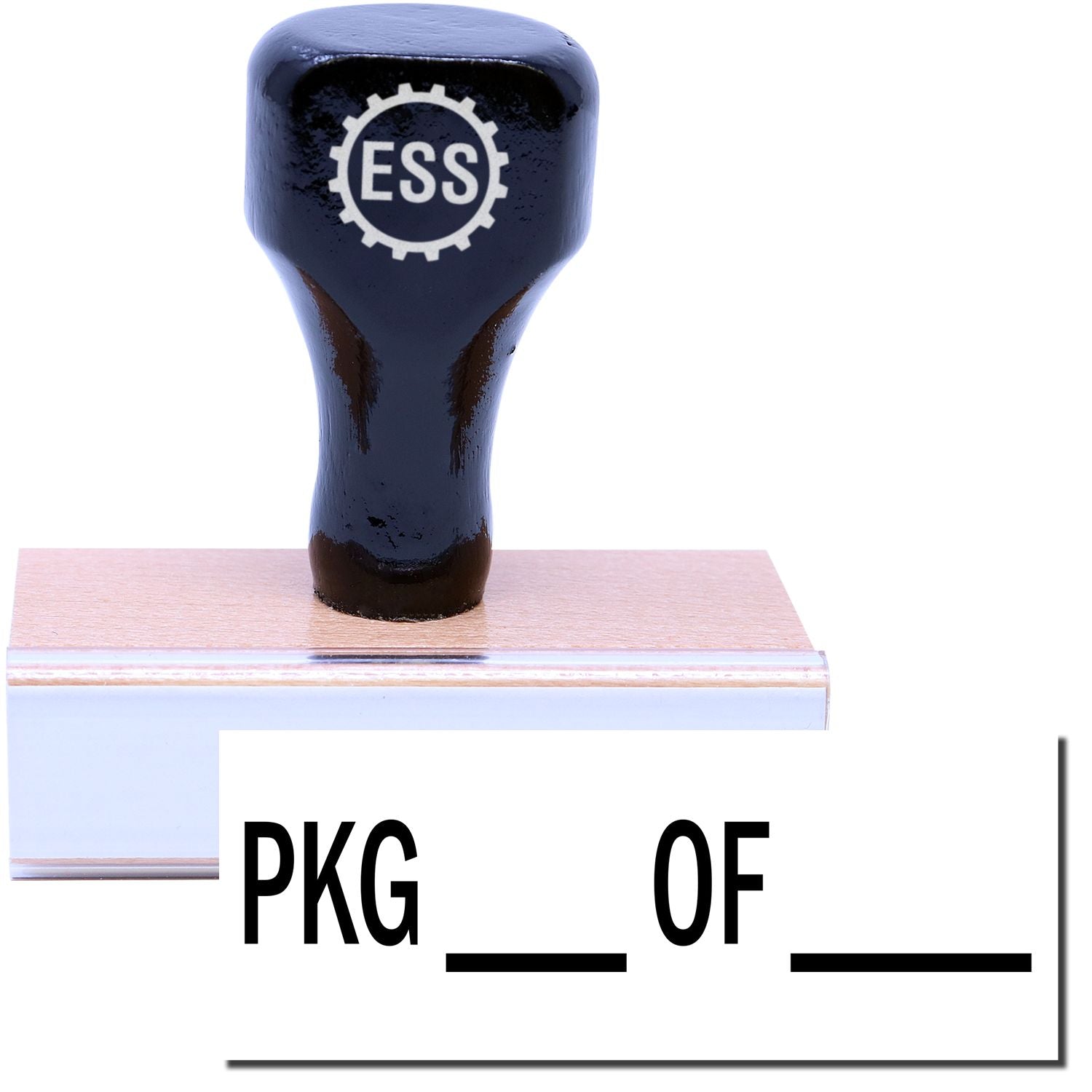 A stock office rubber stamp with a stamped image showing how the text "PKG ___ OF ____" is displayed after stamping.