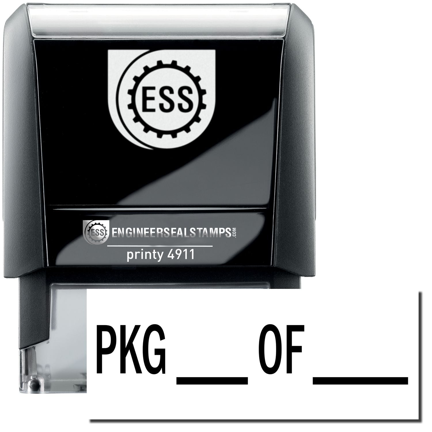 A self-inking stamp with a stamped image showing how the text "PKG ___ OF ___" is displayed after stamping.