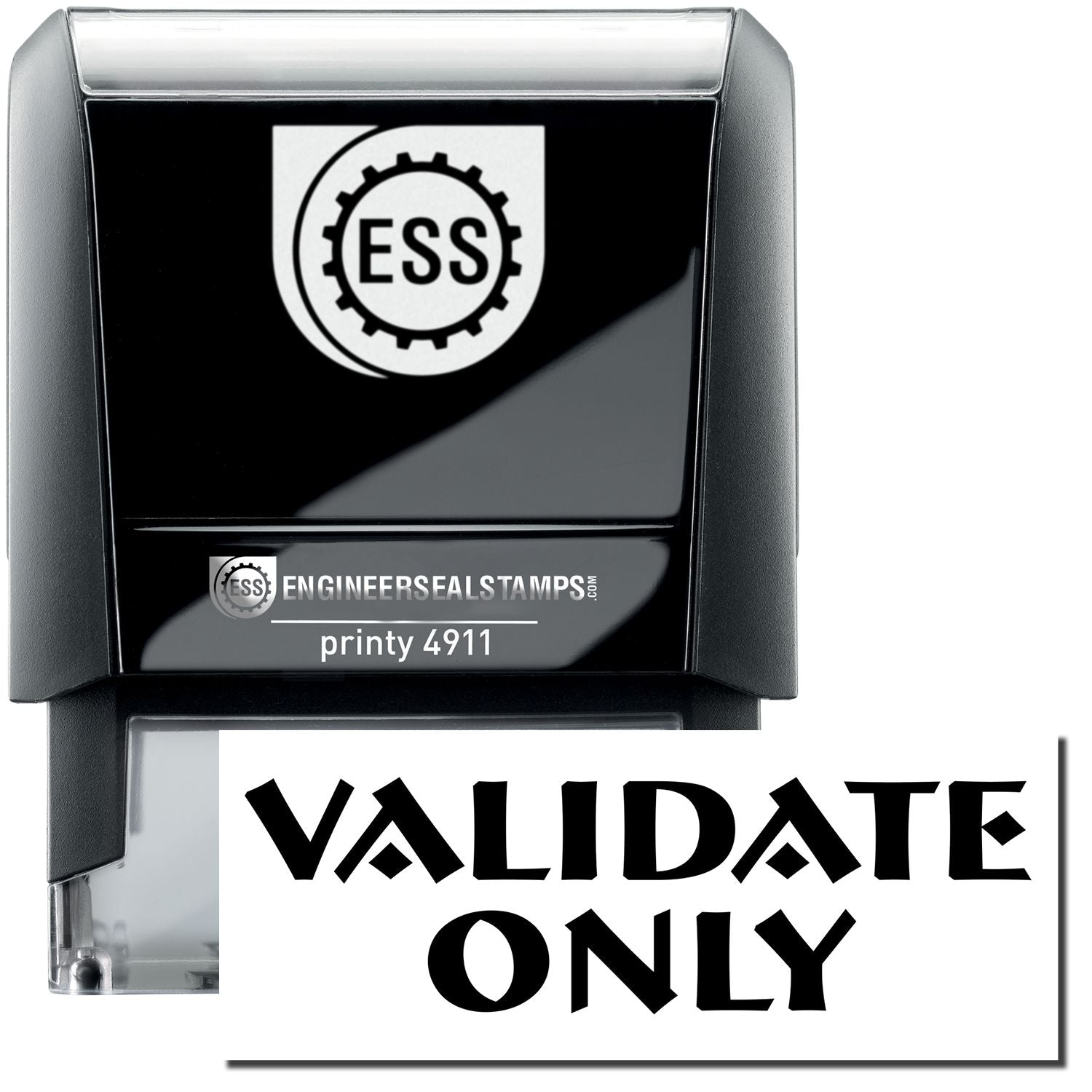 A self-inking stamp with a stamped image showing how the text VALIDATE ONLY is displayed after stamping.