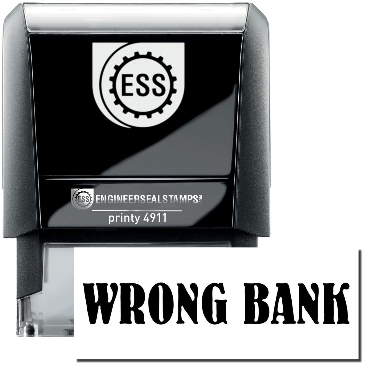 A self-inking stamp with a stamped image showing how the text &quot;WRONG BANK&quot; is displayed after stamping.