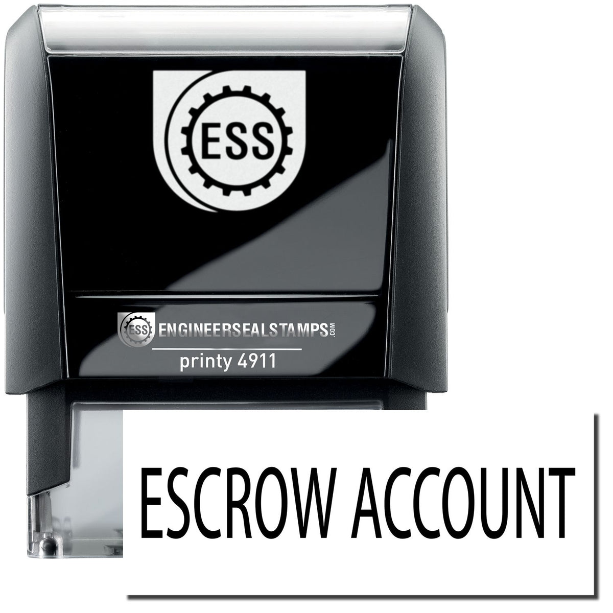 A self-inking stamp with a stamped image showing how the text &quot;ESCROW ACCOUNT&quot; is displayed after stamping.