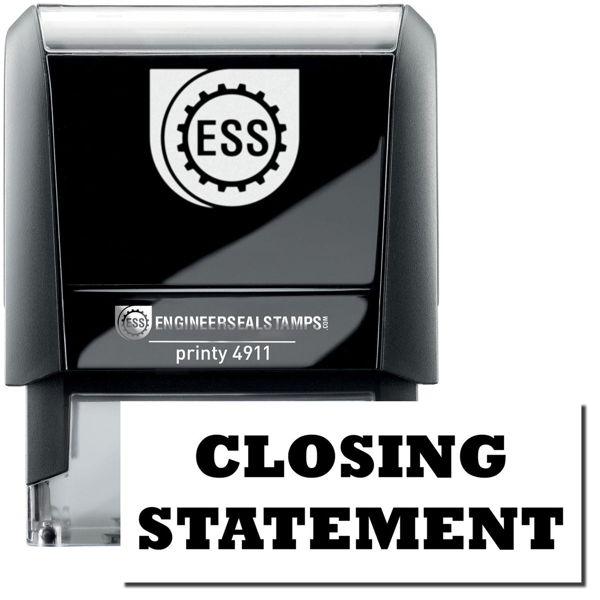 A self-inking stamp with a stamped image showing how the text &quot;CLOSING STATEMENT&quot; is displayed after stamping.