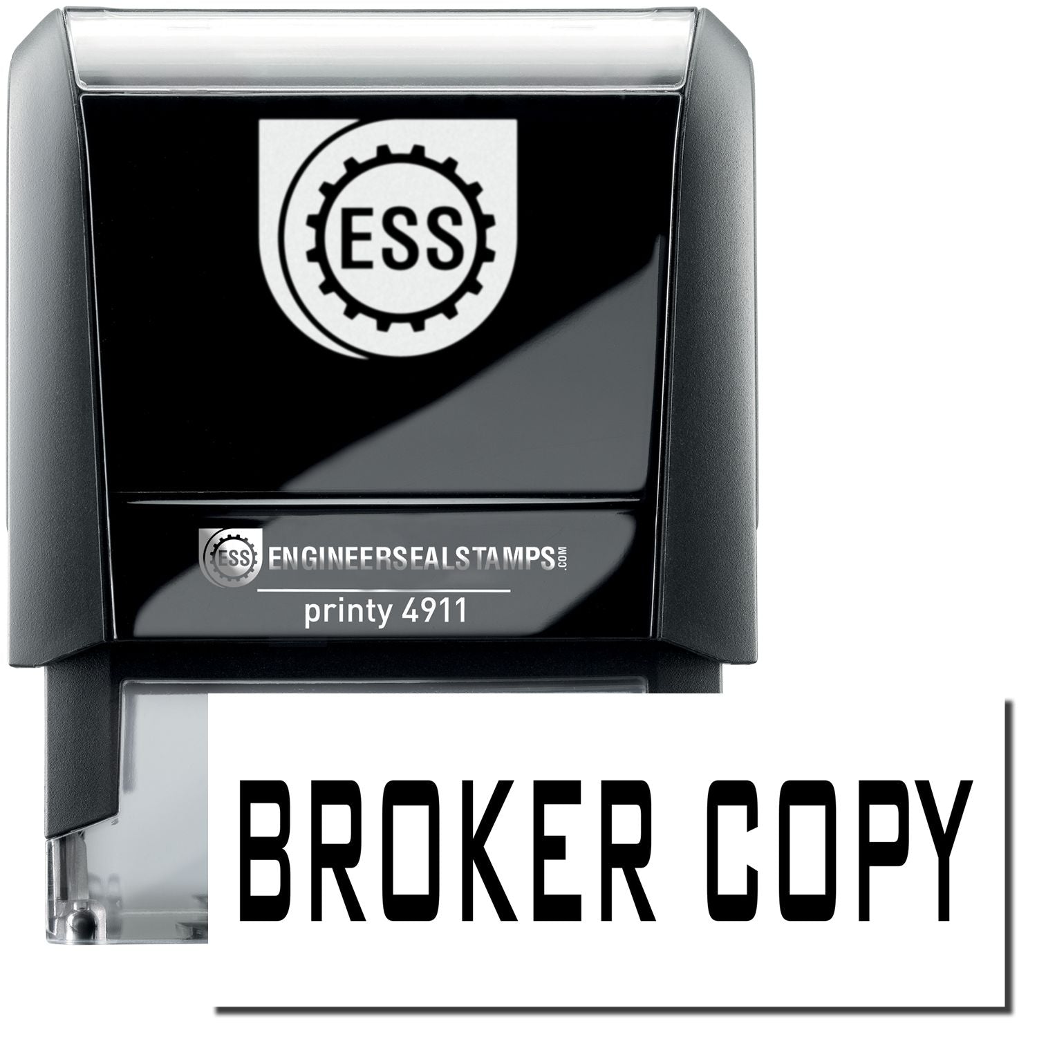 A self-inking stamp with a stamped image showing how the text BROKER COPY is displayed after stamping.