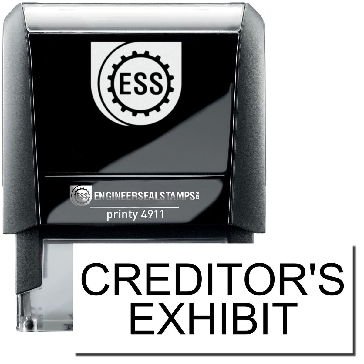 A self-inking stamp with a stamped image showing how the text &quot;CREDITOR&#39;S EXHIBIT&quot; is displayed after stamping.