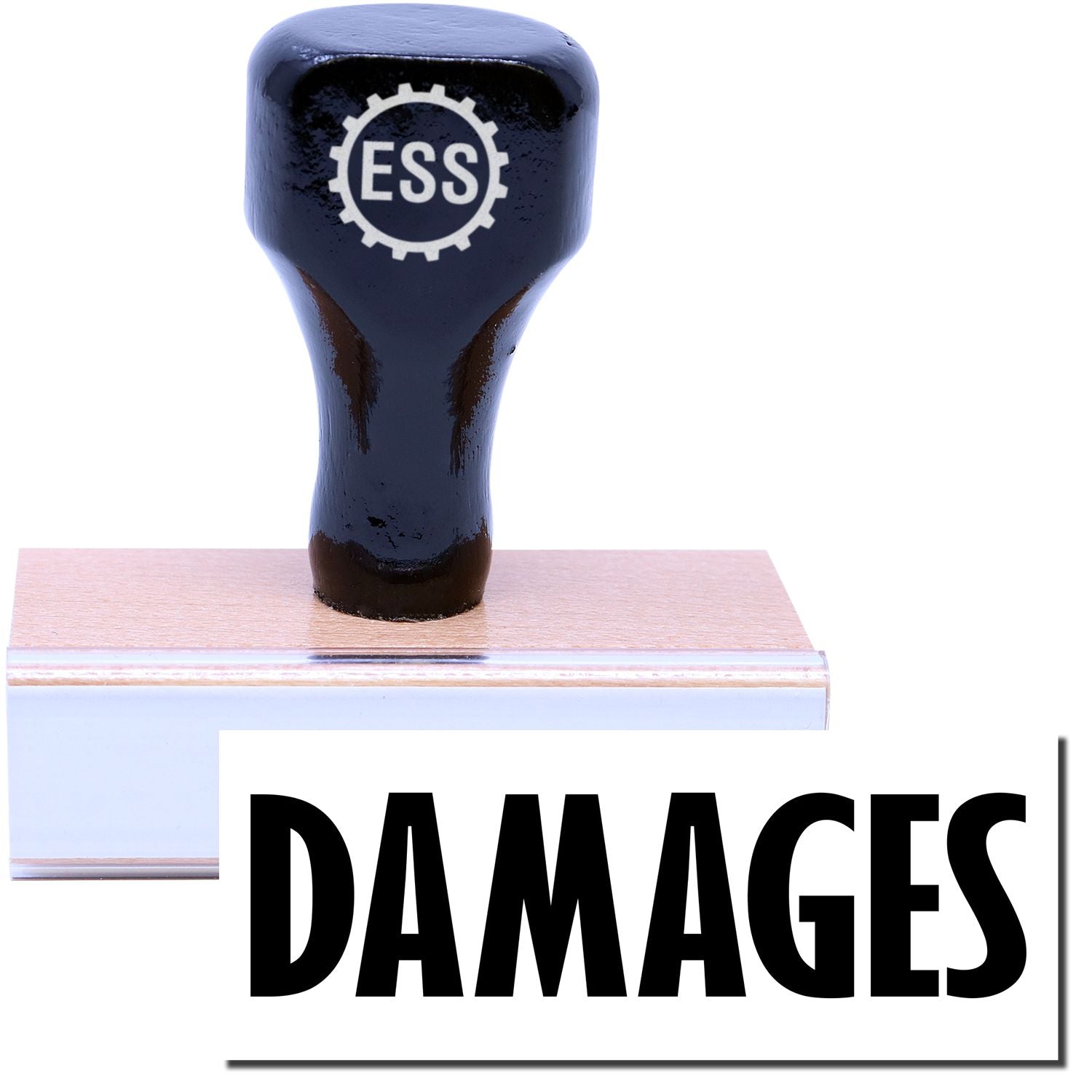 A stock office rubber stamp with a stamped image showing how the text DAMAGES is displayed after stamping.