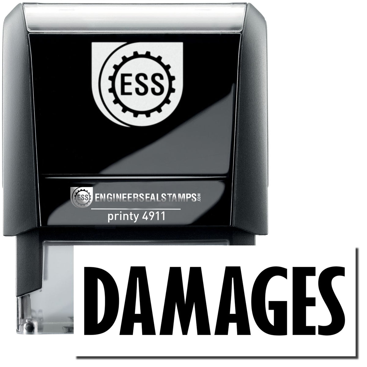 A self-inking stamp with a stamped image showing how the text &quot;DAMAGES&quot; is displayed after stamping.