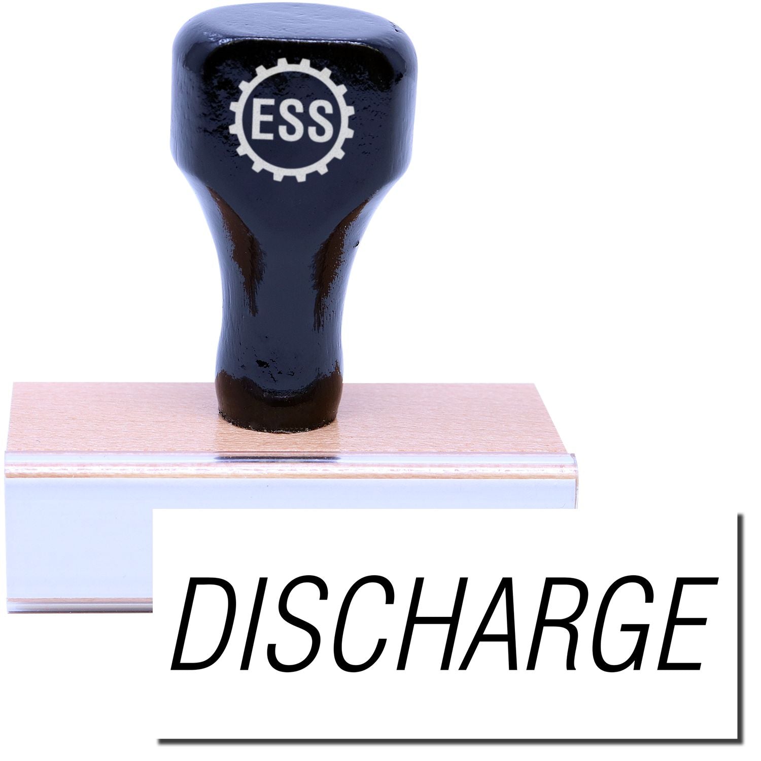 A stock office rubber stamp with a stamped image showing how the text DISCHARGE is displayed after stamping.