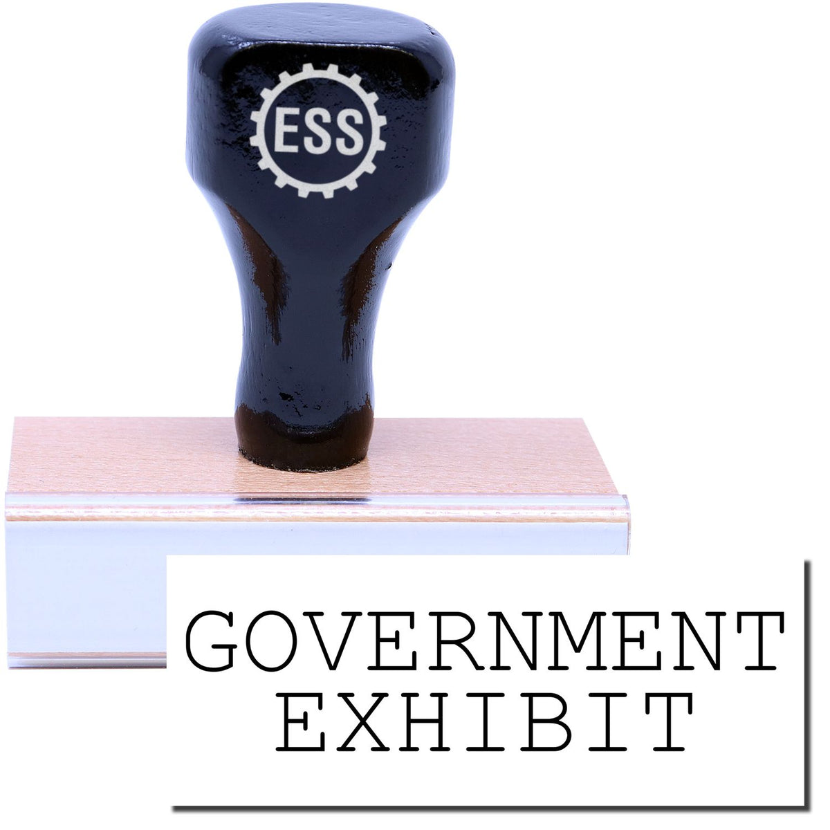 A stock office rubber stamp with a stamped image showing how the text &quot;GOVERNMENT EXHIBIT&quot; is displayed after stamping.