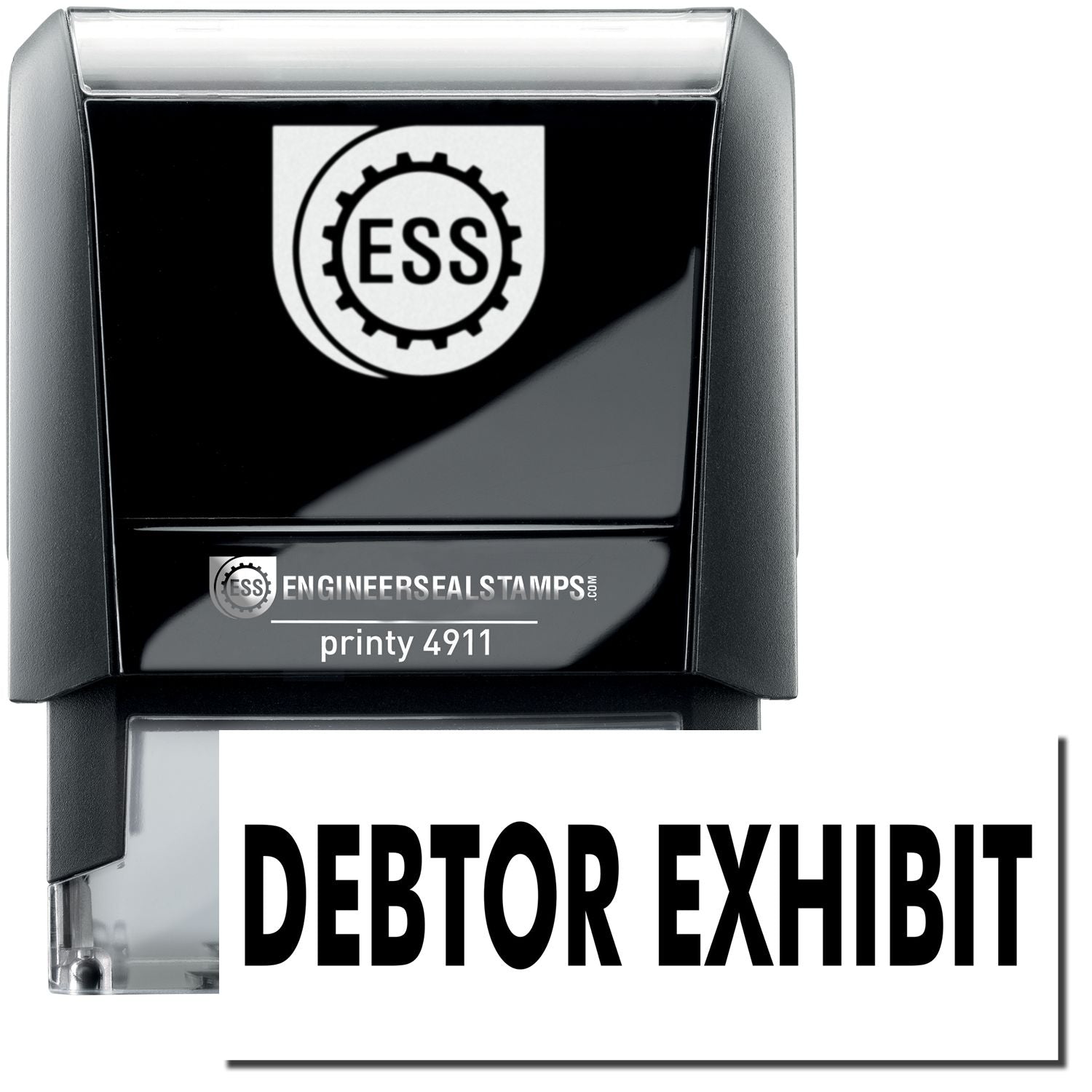 A self-inking stamp with a stamped image showing how the text "DEBTOR EXHIBIT" is displayed after stamping.