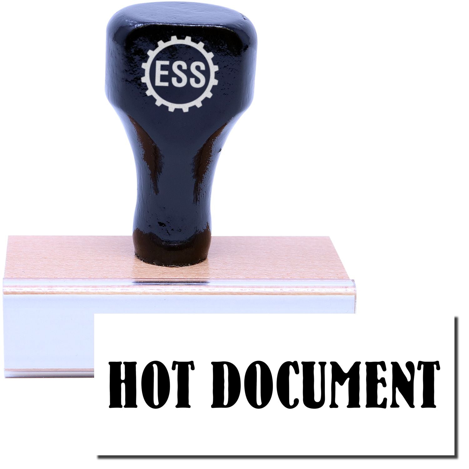 A stock office rubber stamp with a stamped image showing how the text HOT DOCUMENT is displayed after stamping.