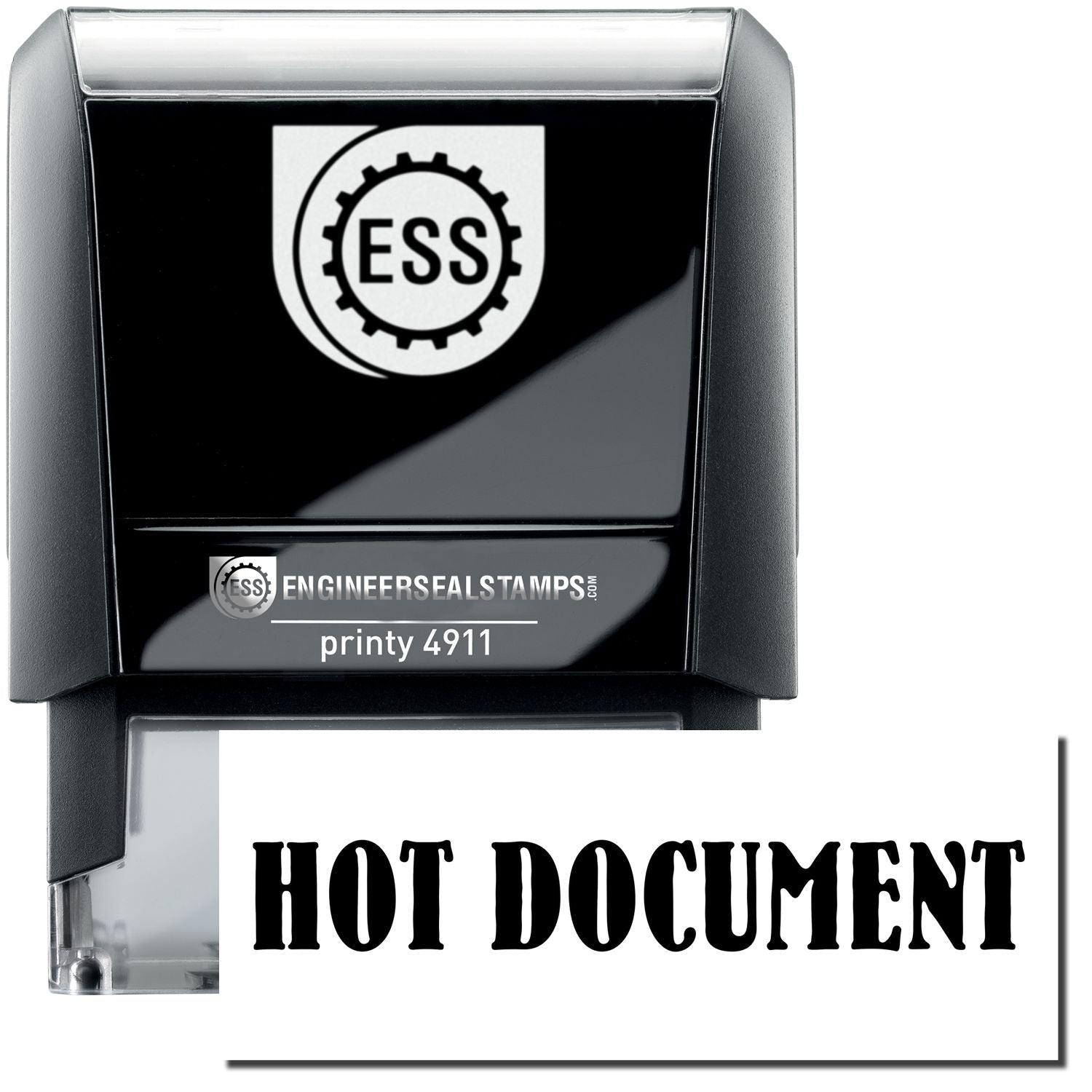 A self-inking stamp with a stamped image showing how the text HOT DOCUMENT is displayed after stamping.