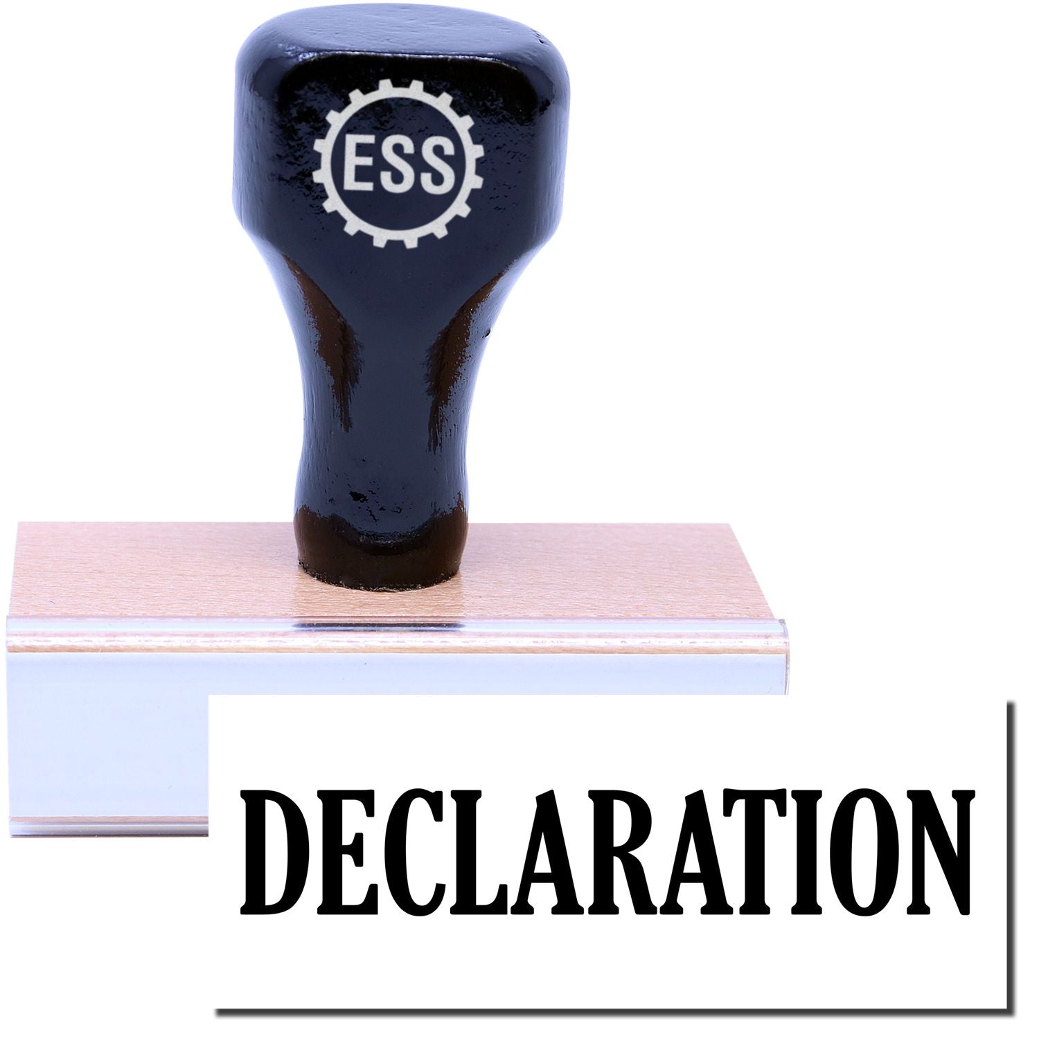 A stock office rubber stamp with a stamped image showing how the text DECLARATION is displayed after stamping.